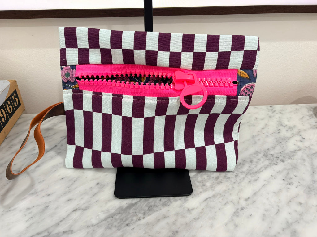 Purple Blue Patterned Clutch with Large Neon Pink Zipper and Leather Strap