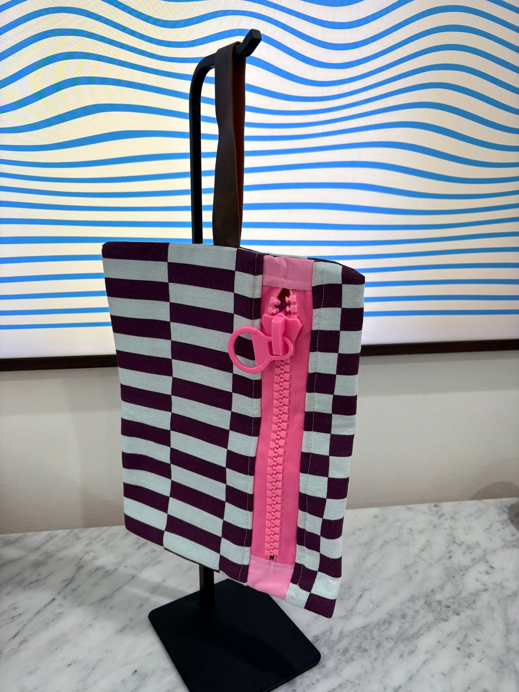 Purple Blue Patterned Clutch with Large Pink Zipper and Leather Strap