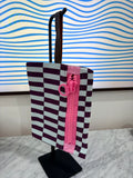 Purple Blue Patterned Clutch with Large Pink Zipper and Leather Strap