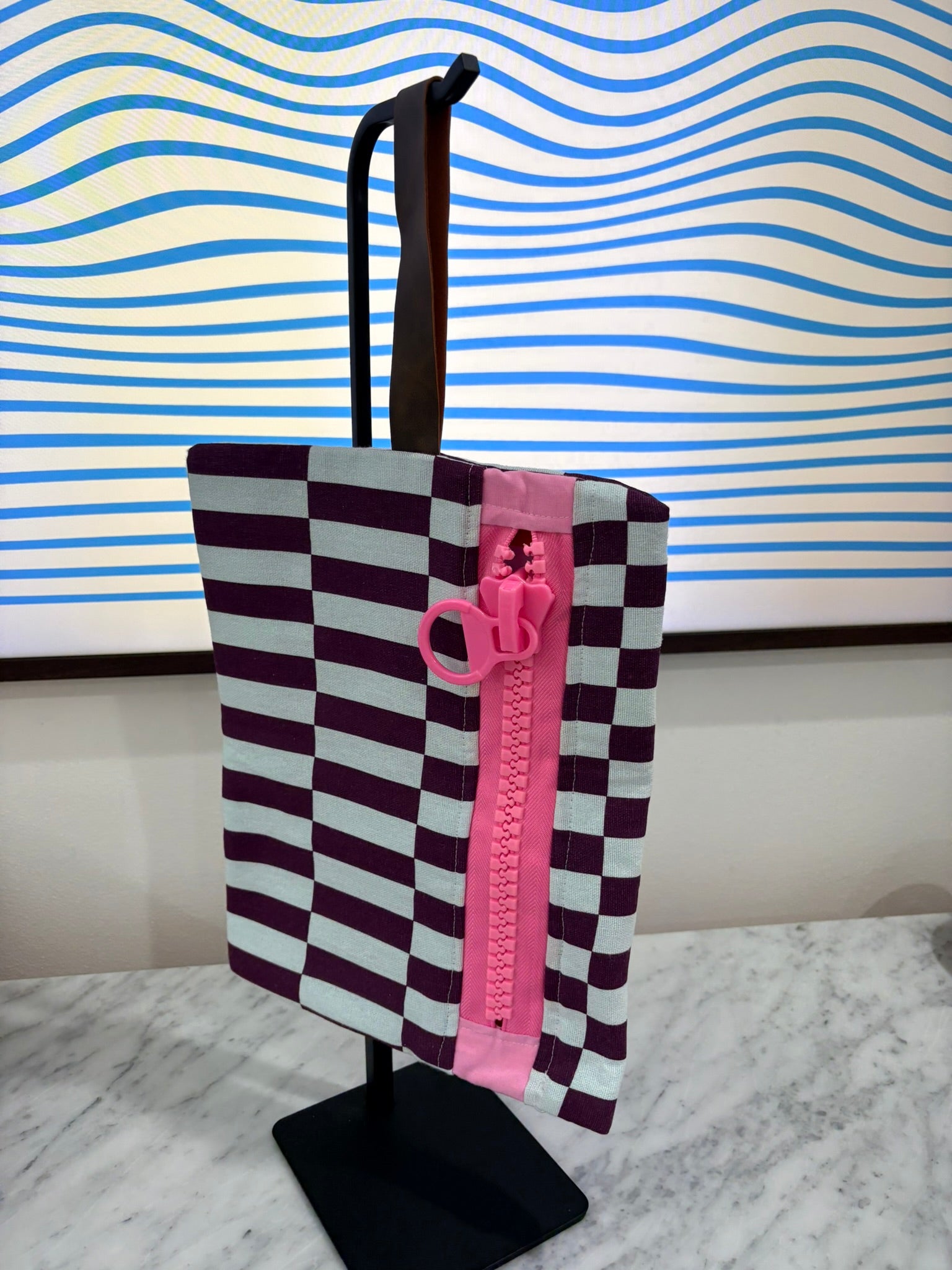 Purple Blue Patterned Clutch with Large Pink Zipper and Leather Strap