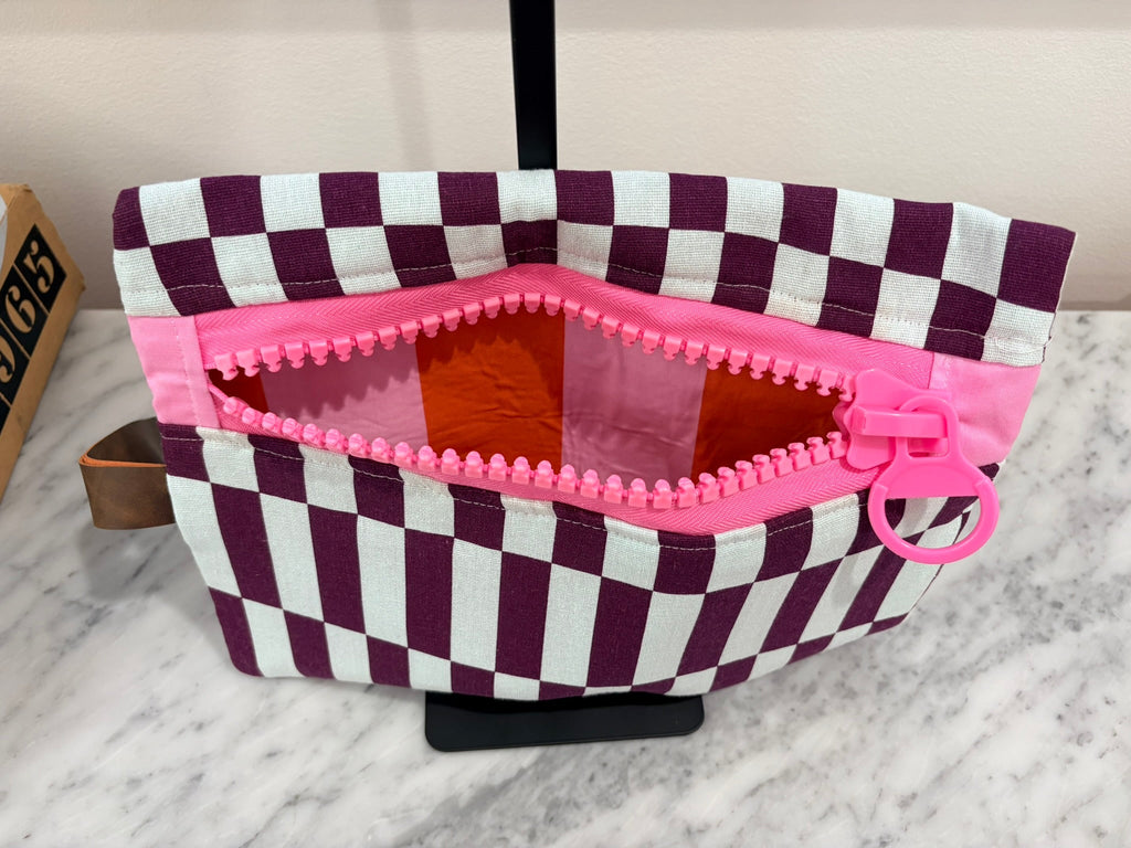 Purple Blue Patterned Clutch with Large Pink Zipper and Leather Strap