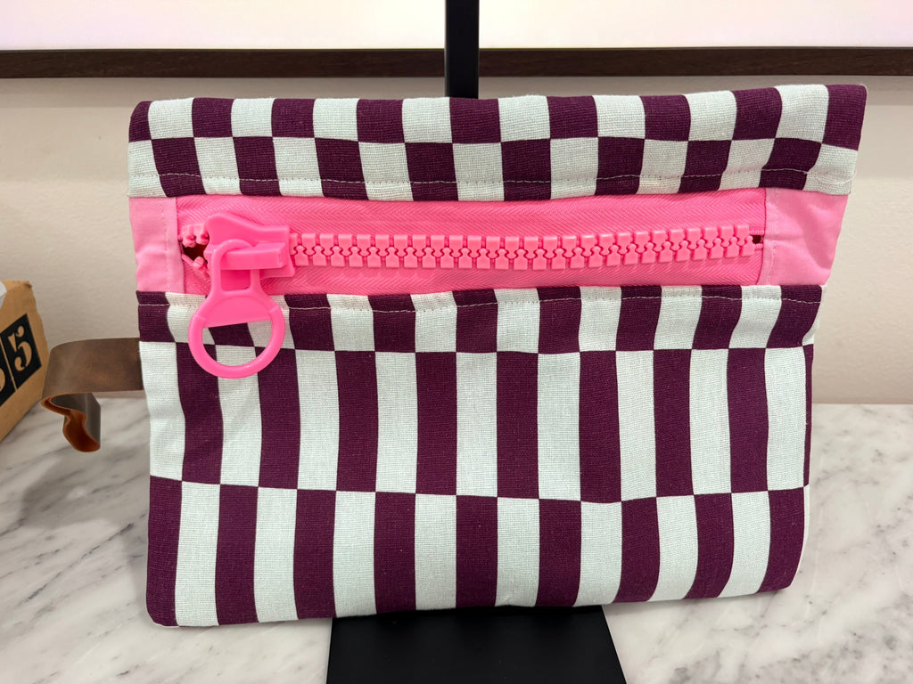 Purple Blue Patterned Clutch with Large Pink Zipper and Leather Strap