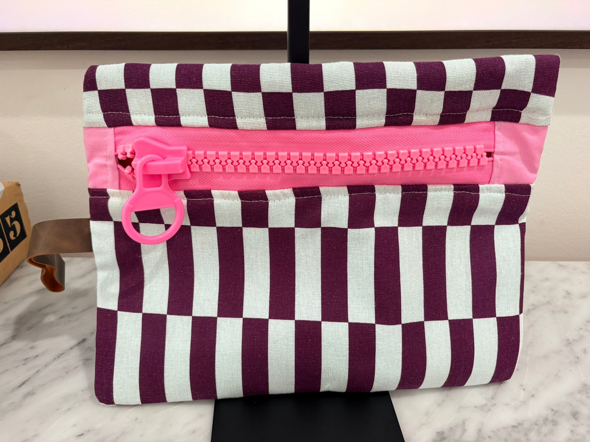 Purple Blue Patterned Clutch with Large Pink Zipper and Leather Strap