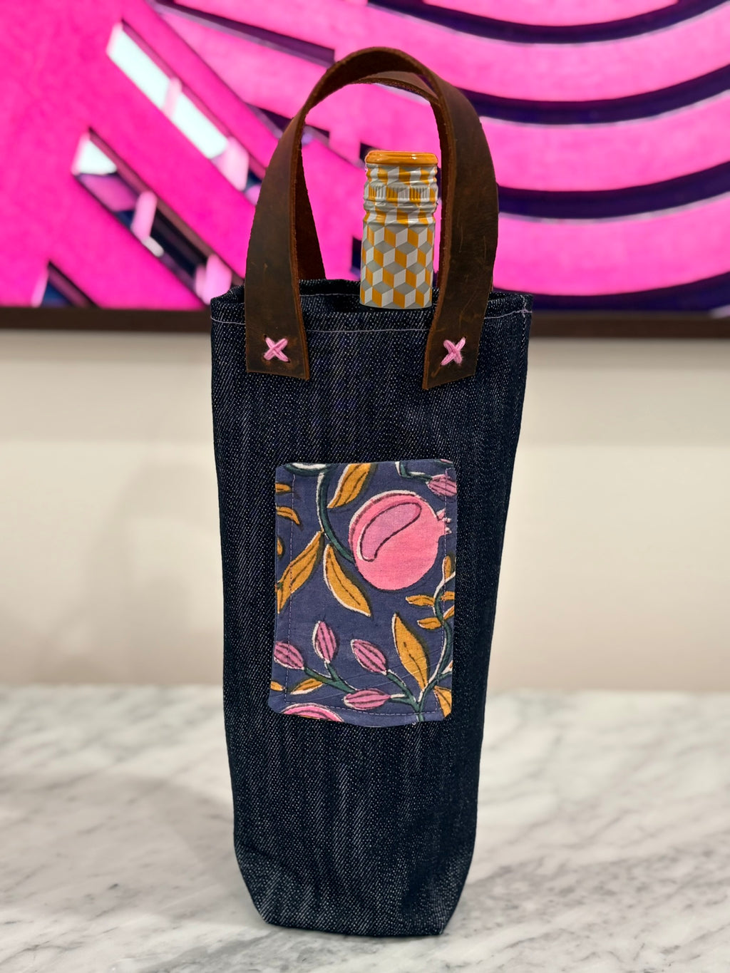 Denim and Leather Wine Bag - Single
