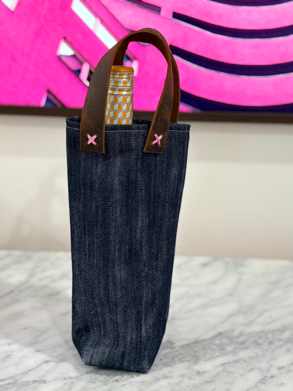 Denim and Leather Wine Bag - Single