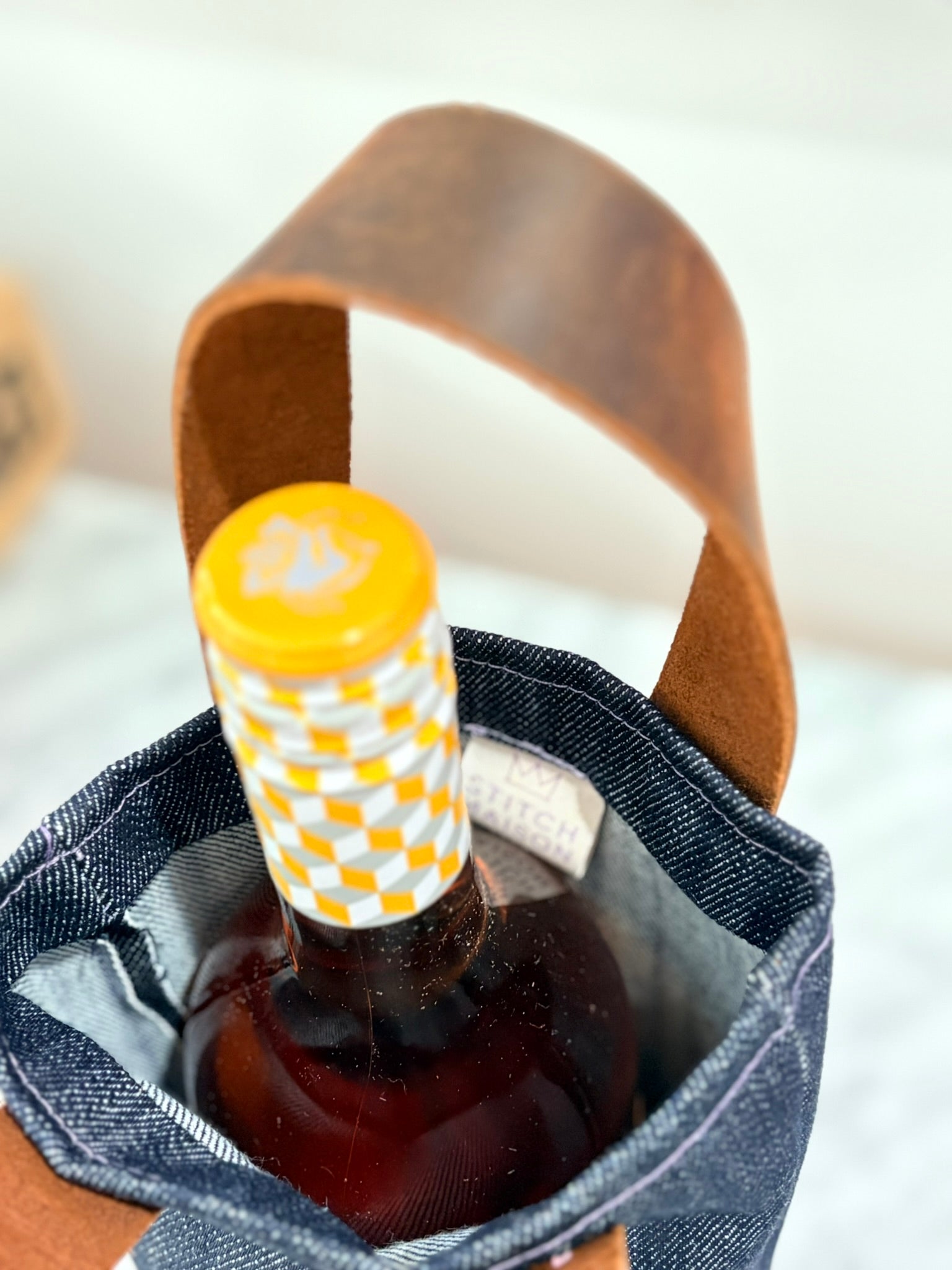 Denim and Leather Wine Bag blue stitching
