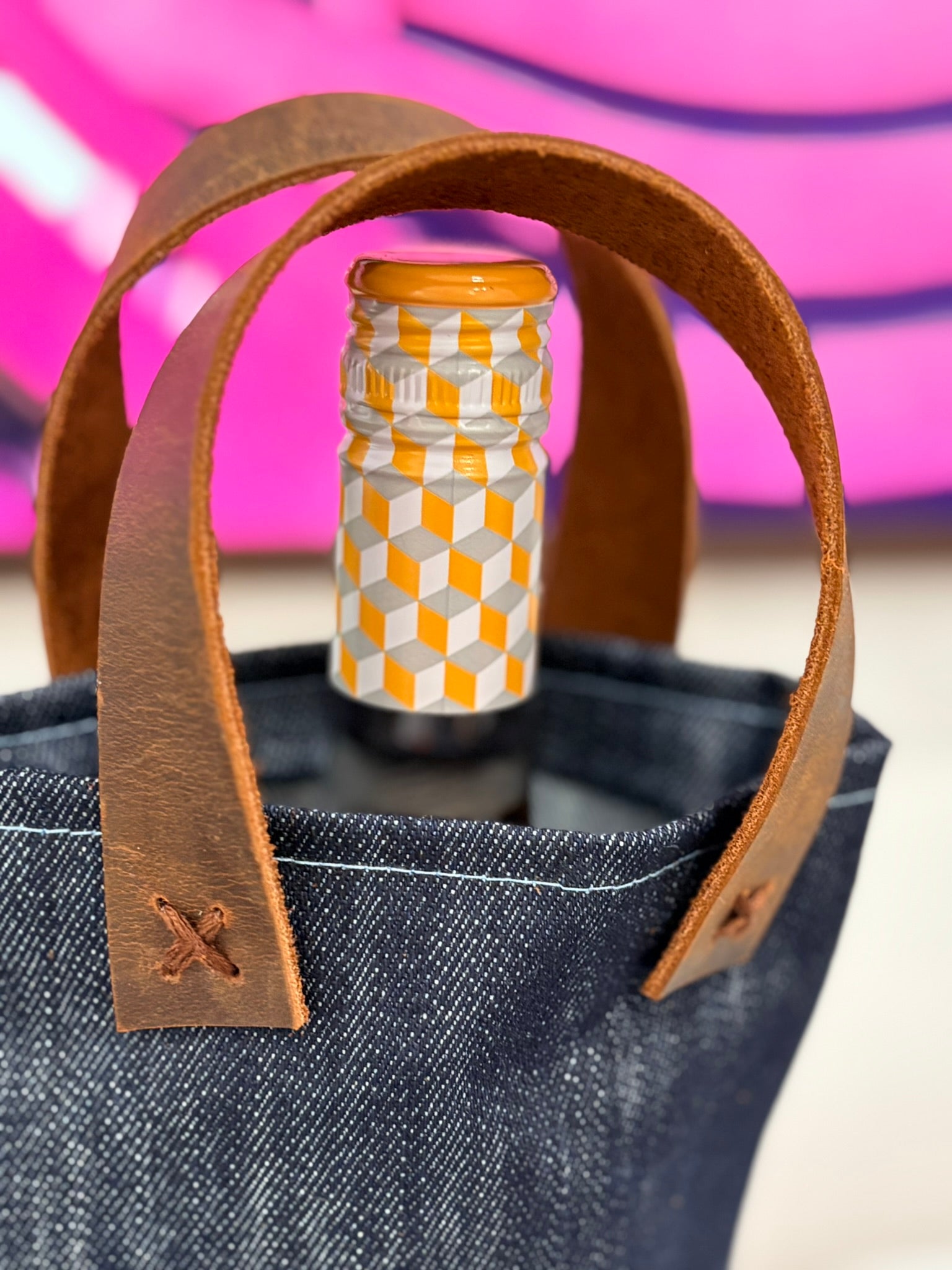 Denim and Leather Wine Bag brown stitching