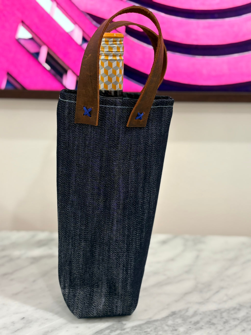 Denim and Leather Wine Bag blue stitching