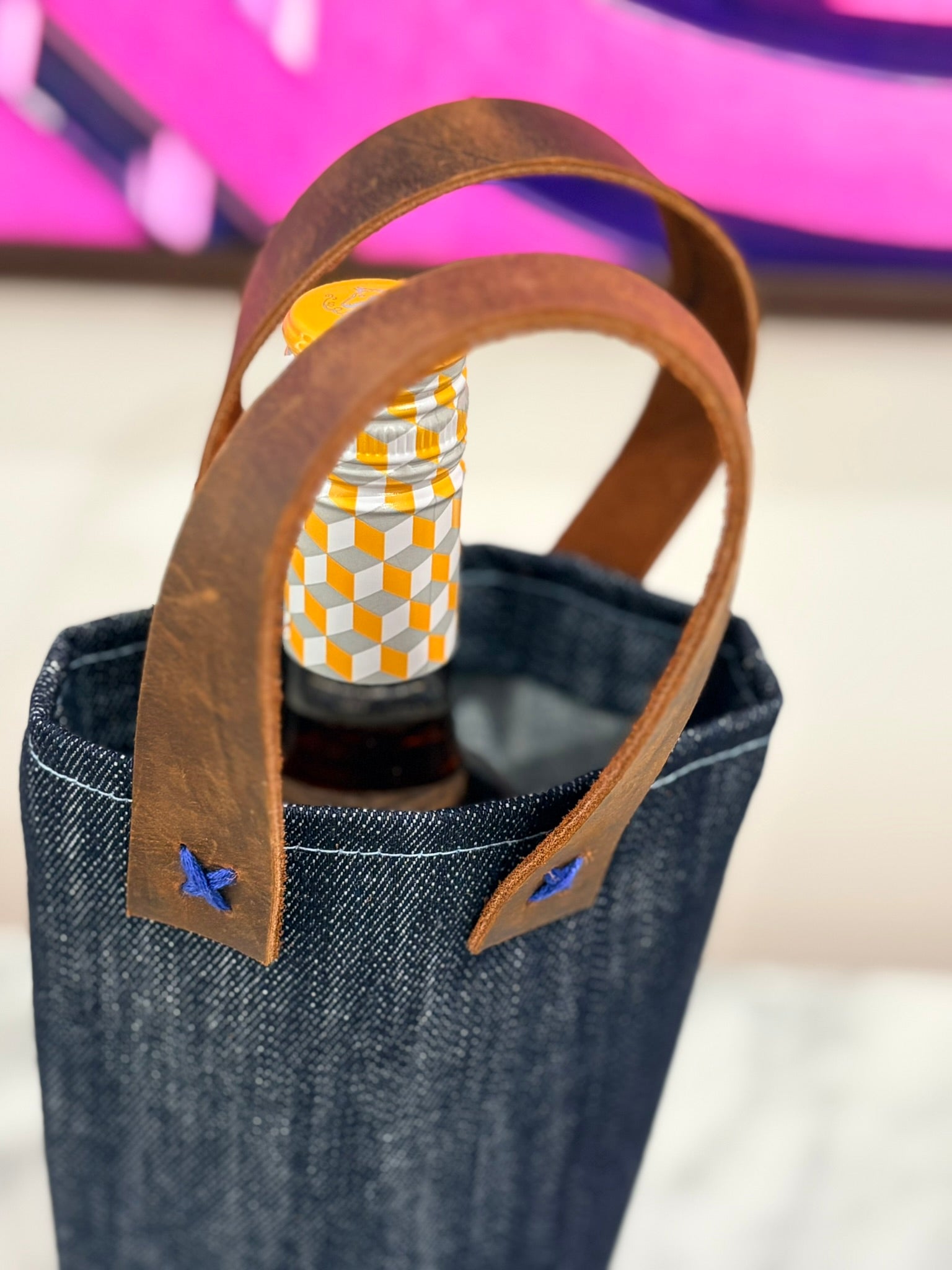 Denim and Leather Wine Bag blue stitching