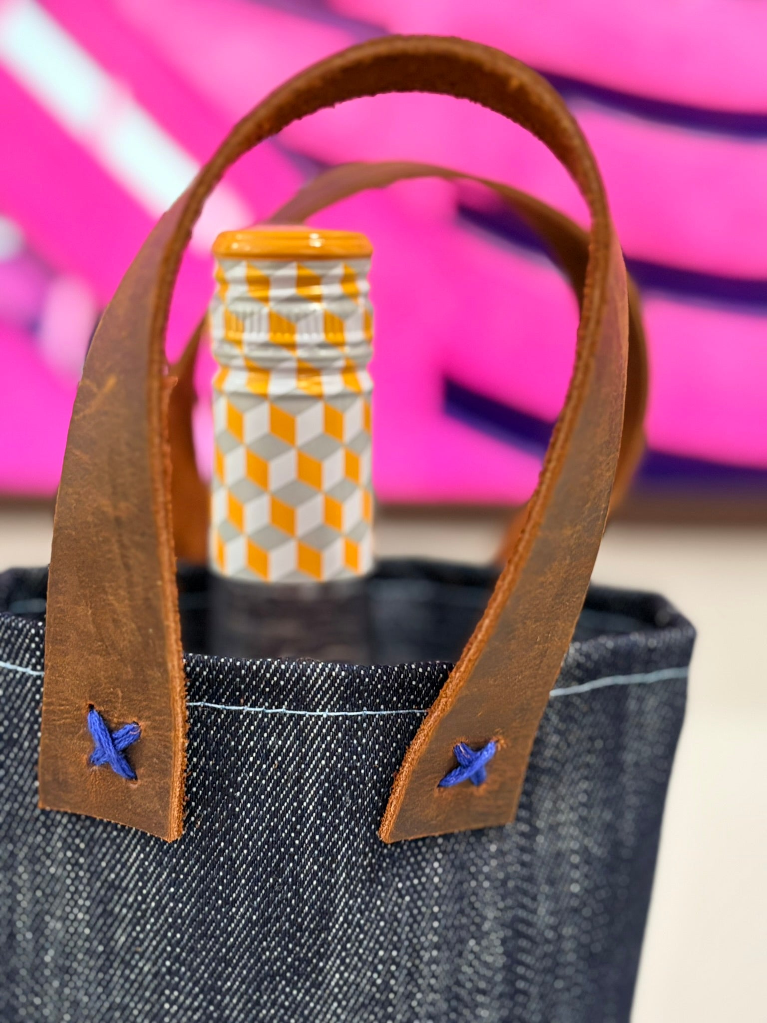 Denim and Leather Wine Bag blue stitching