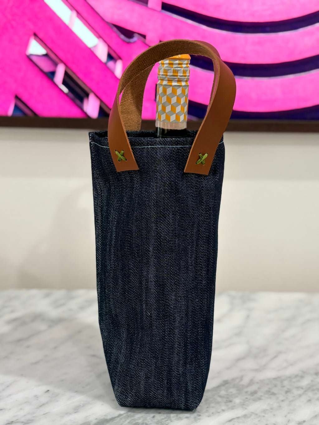 Denim and Leather Wine Bag green stitching