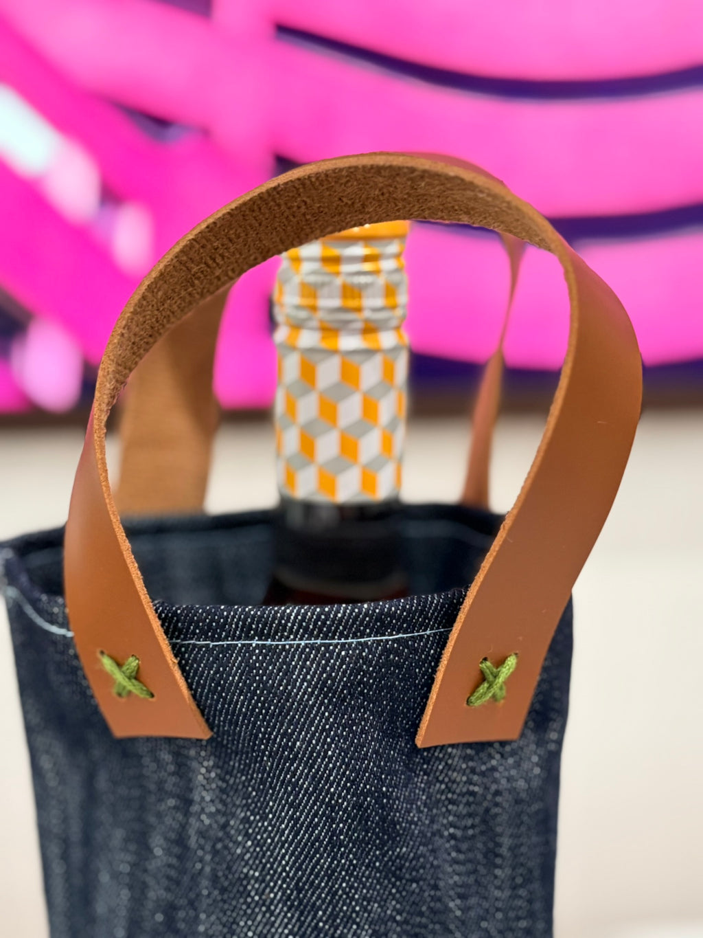 Denim and Leather Wine Bag green stitching