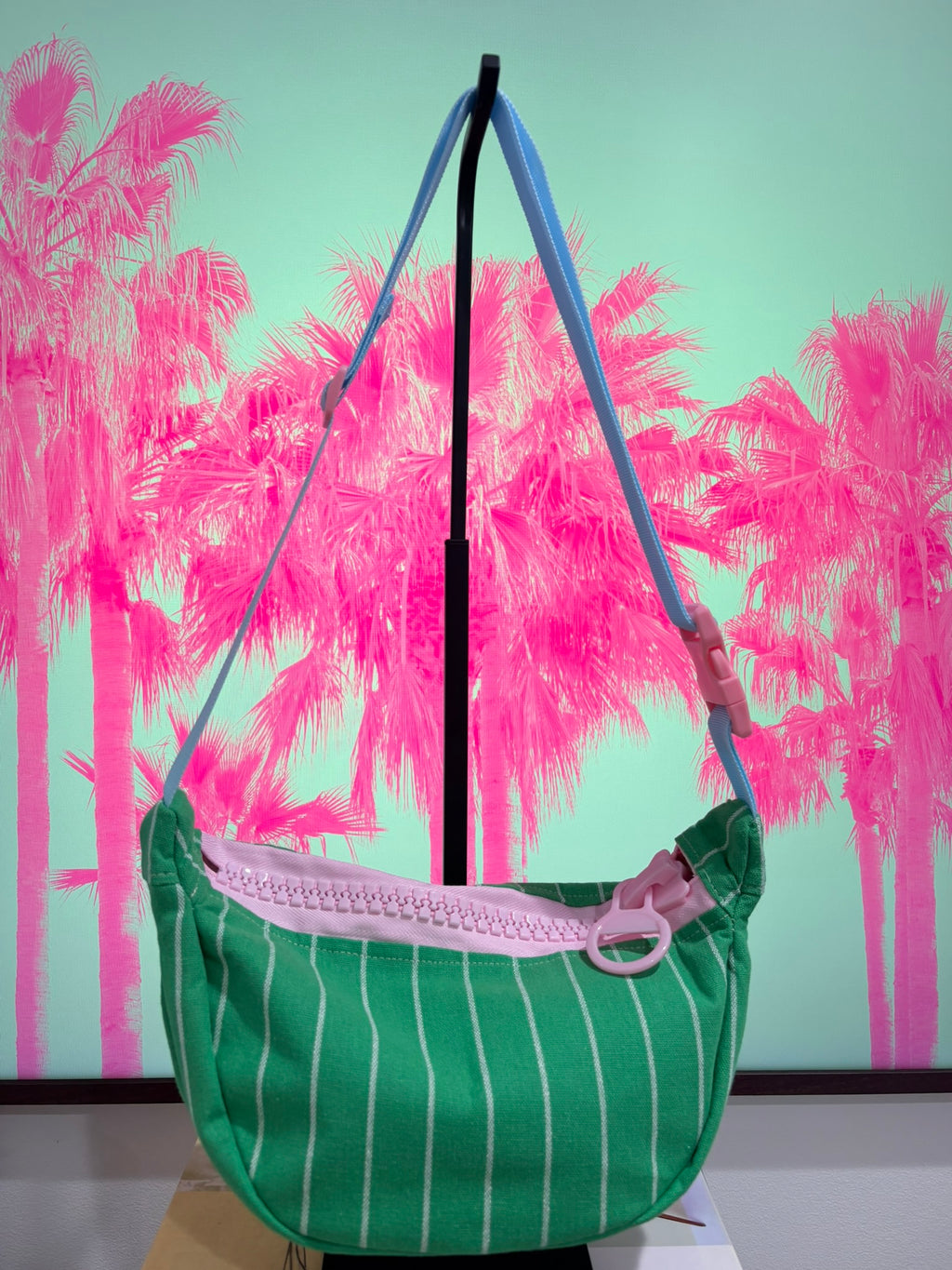 Crossbody - Green & White Stripe and Pink Zipper