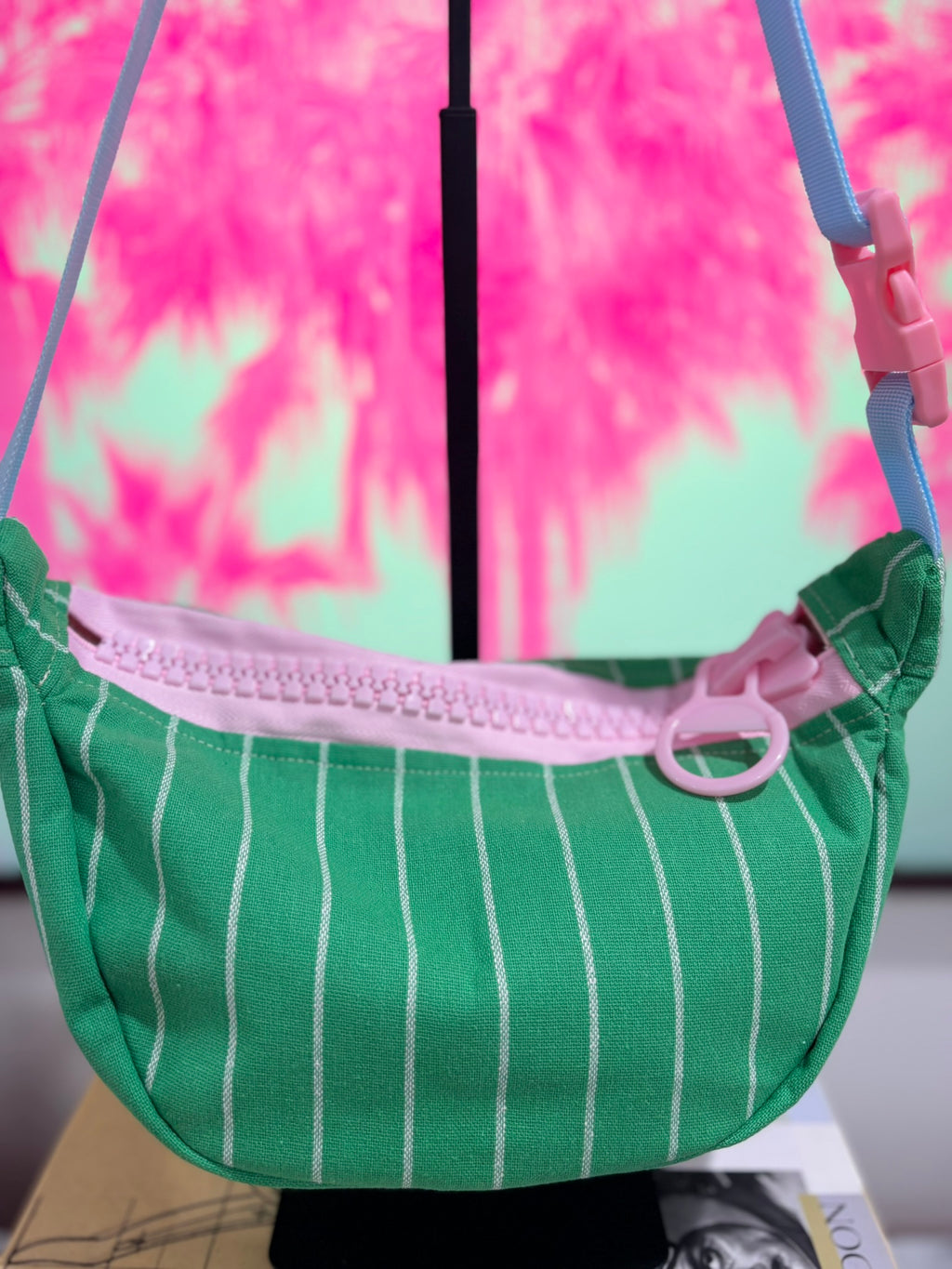 Crossbody - Green & White Stripe and Pink Zipper