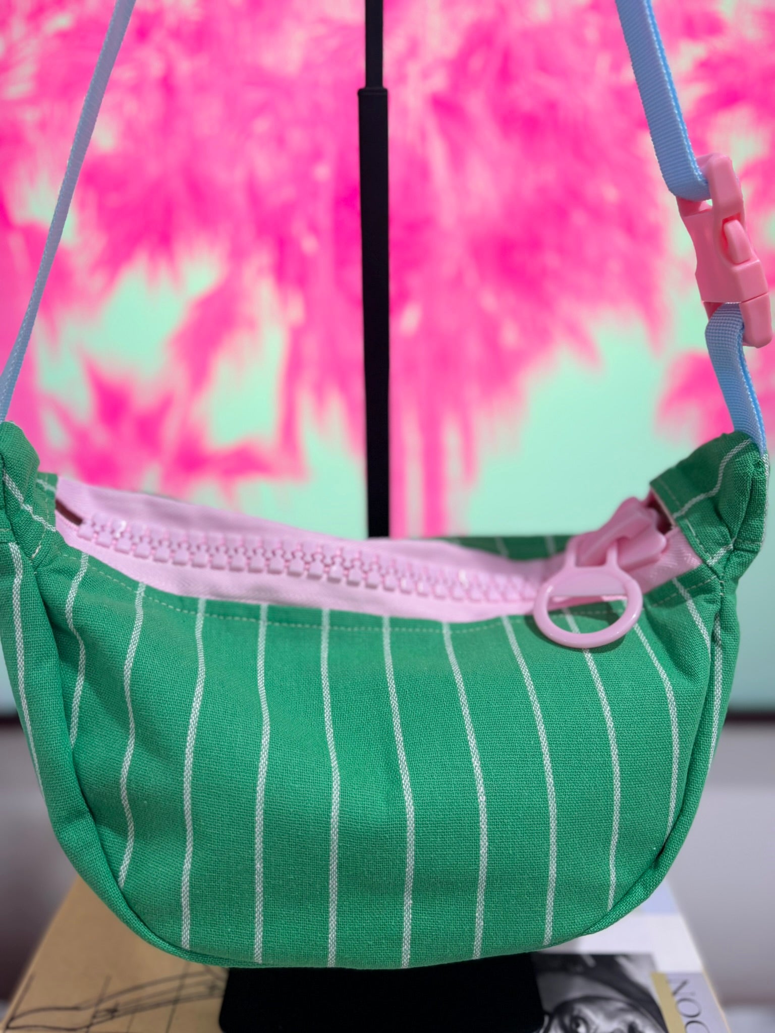 Crossbody - Green & White Stripe and Pink Zipper