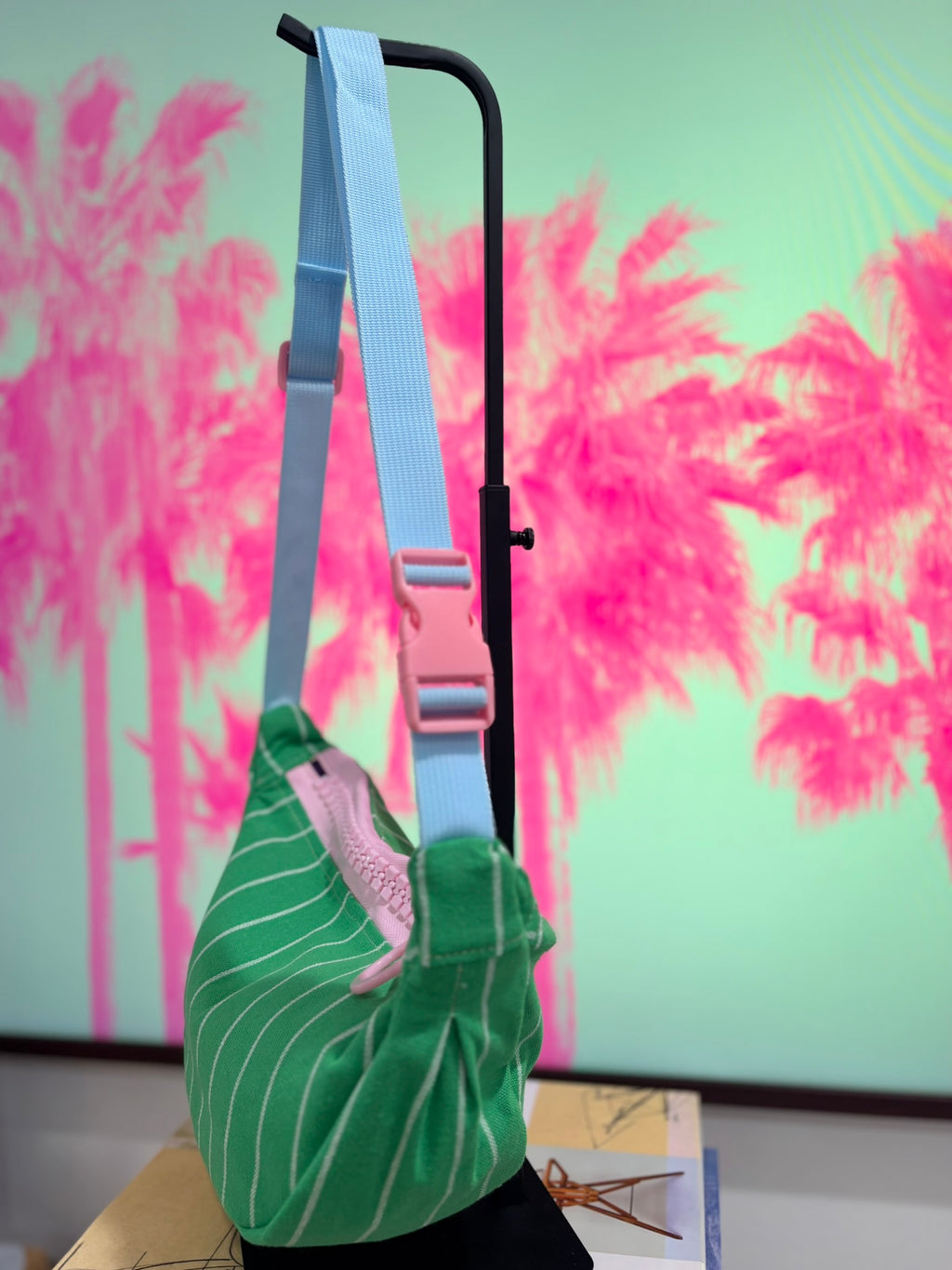 Crossbody - Green & White Stripe and Pink Zipper