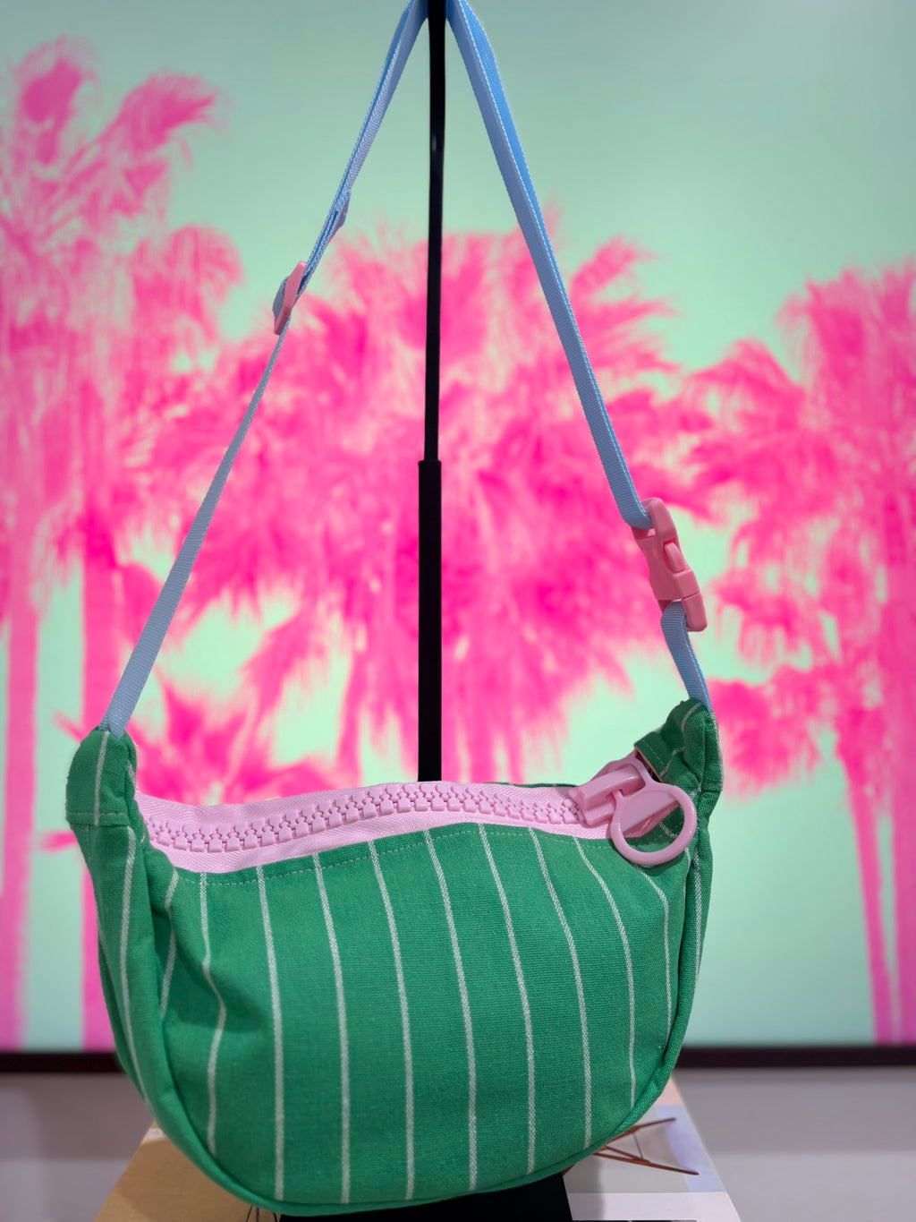 Crossbody - Green & White Stripe and Pink Zipper