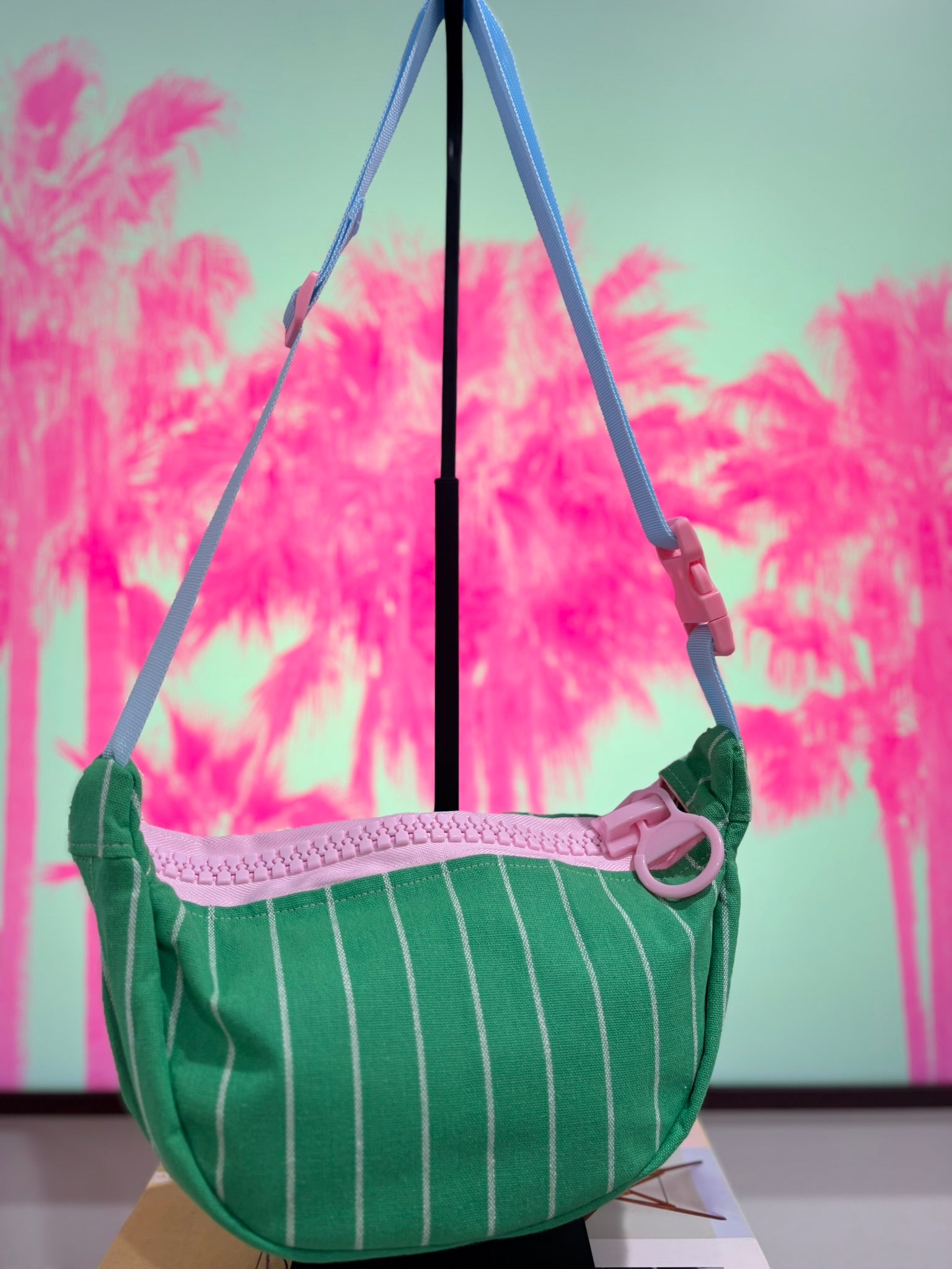 Crossbody - Green & White Stripe and Pink Zipper