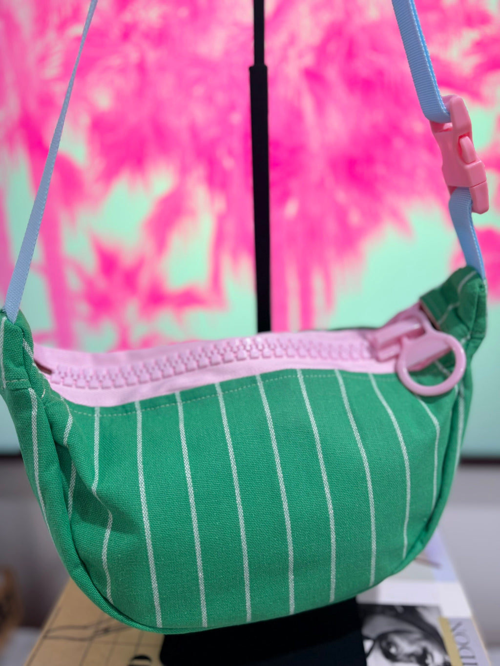 Crossbody - Green & White Stripe and Pink Zipper