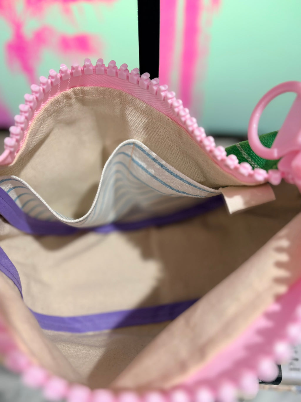 Crossbody - Green & White Stripe and Pink Zipper
