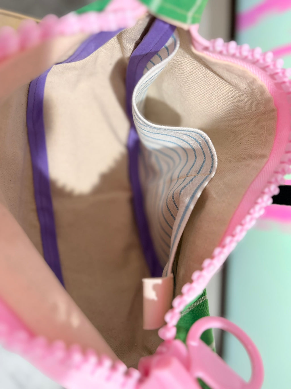 Crossbody - Green & White Stripe and Pink Zipper