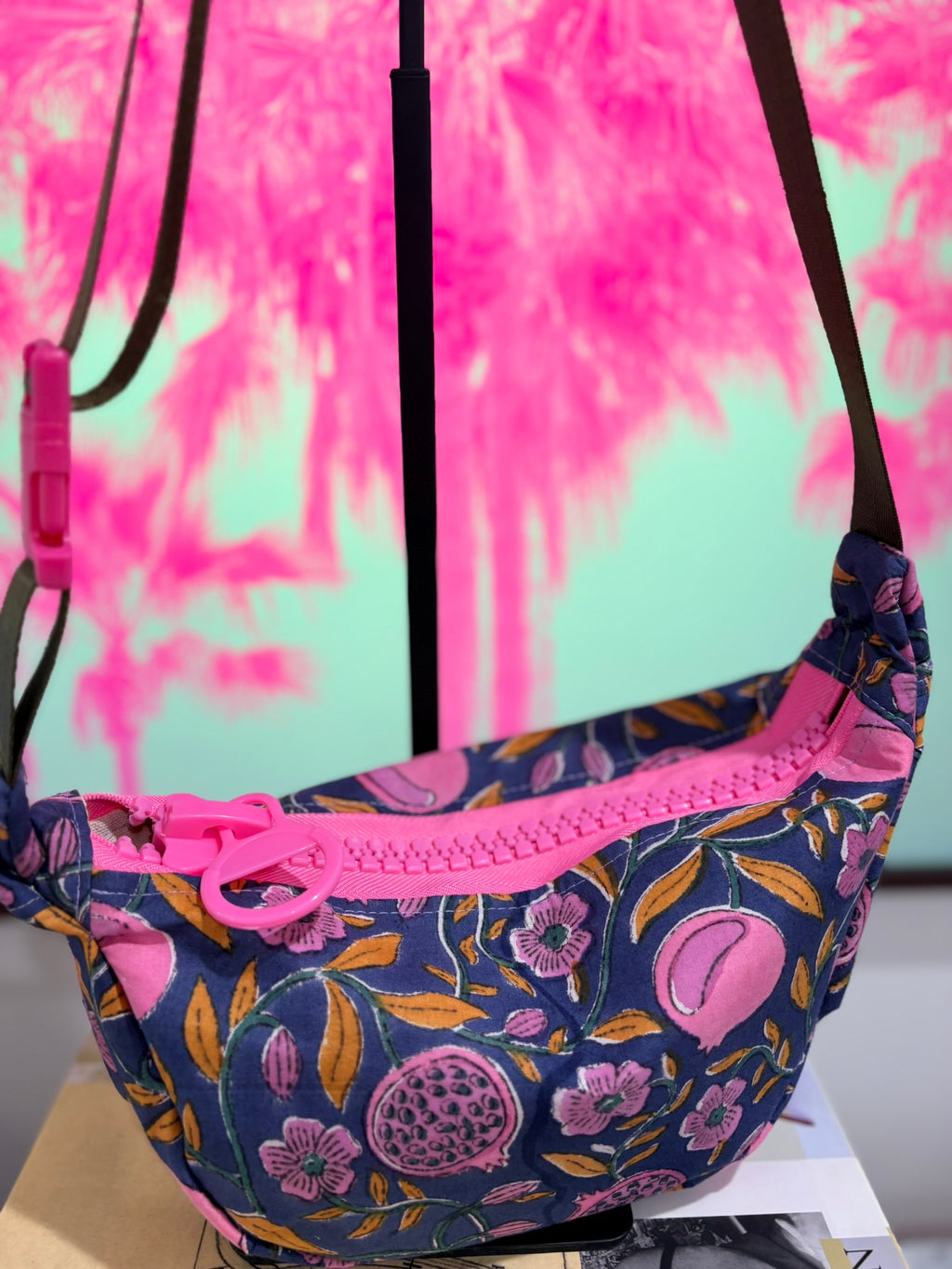 Crossbody - Navy Pomegranate Print and Pink Zipper