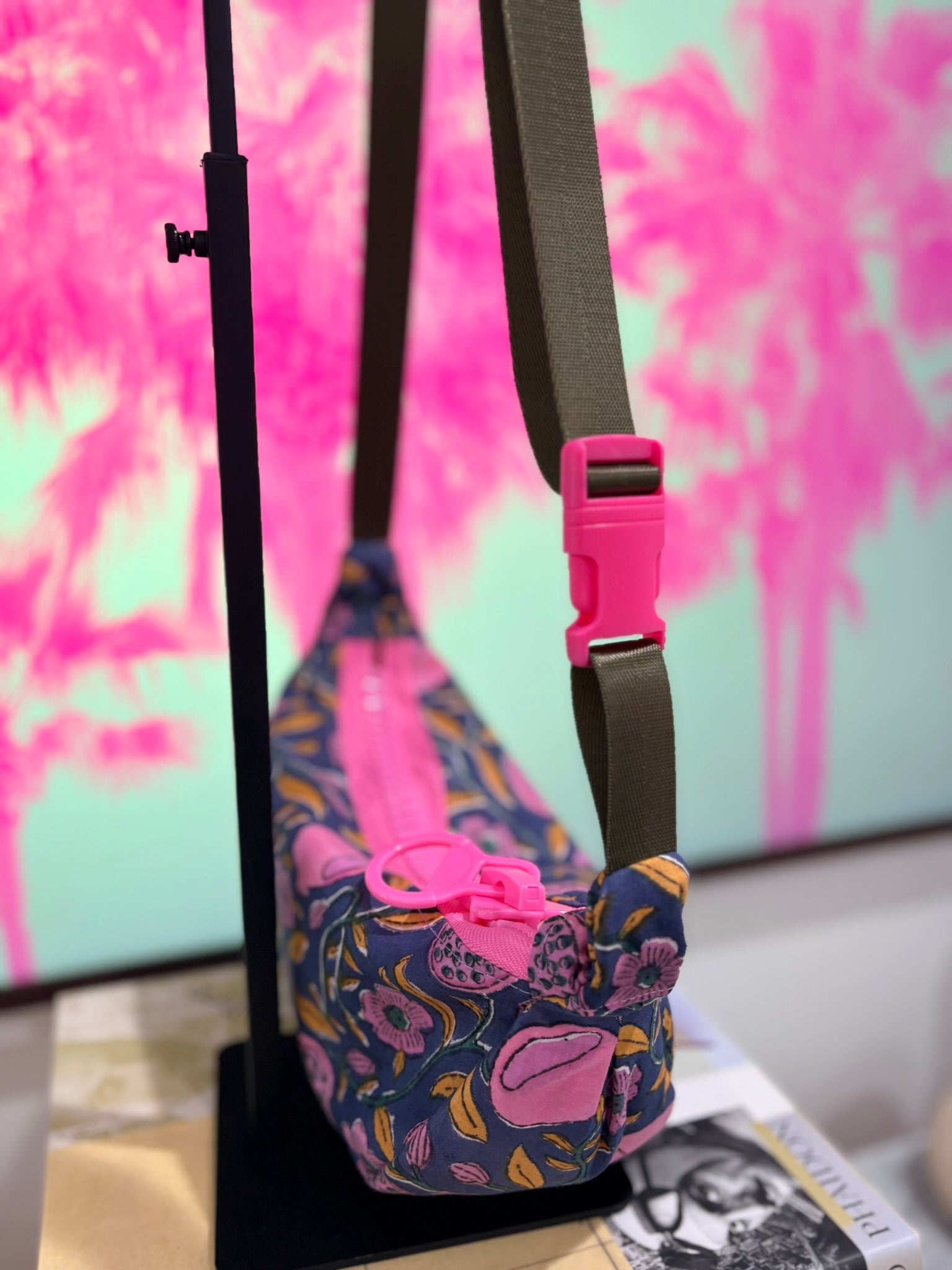 Crossbody - Navy Pomegranate Print and Pink Zipper