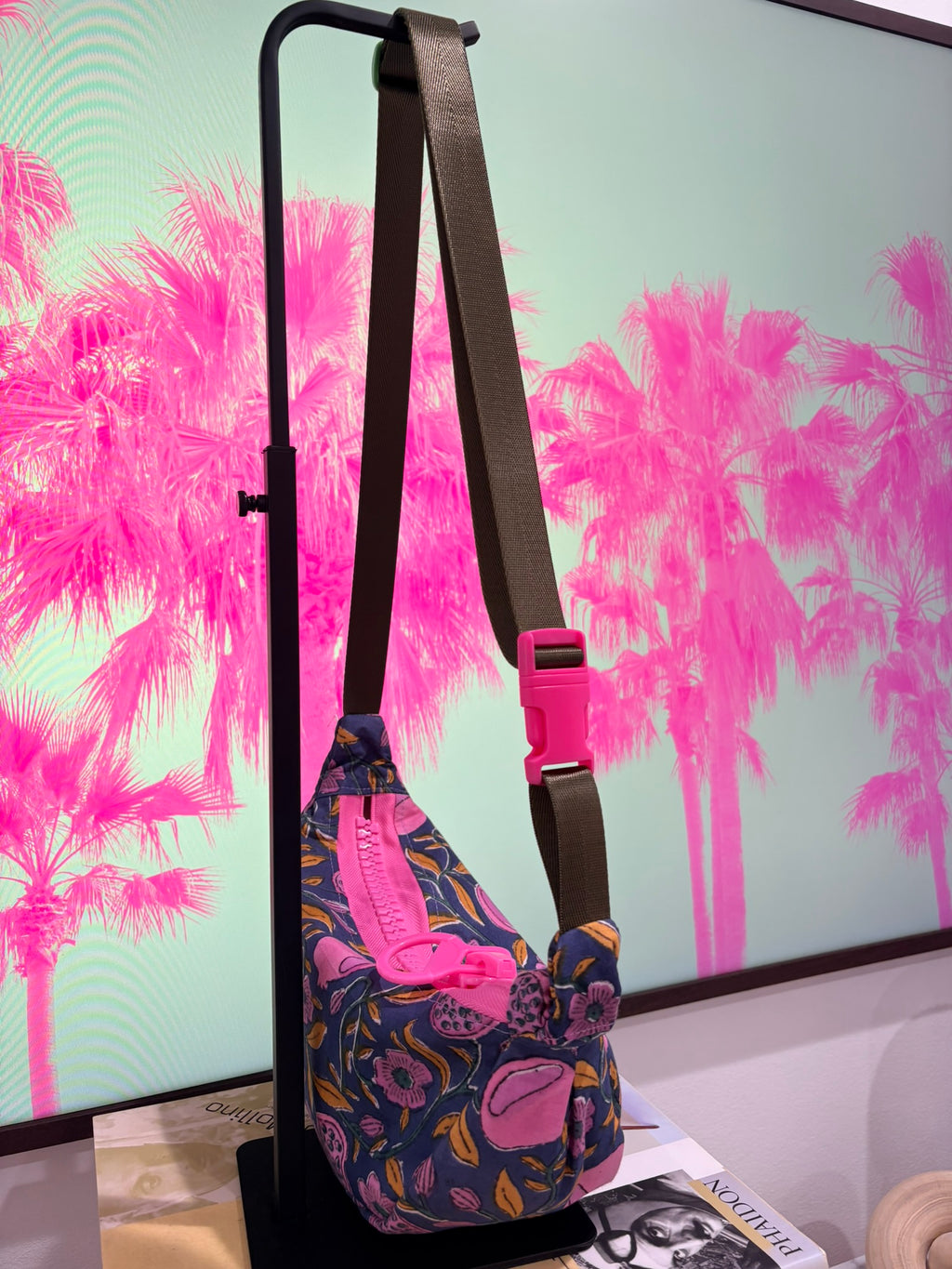 Crossbody - Navy Pomegranate Print and Pink Zipper