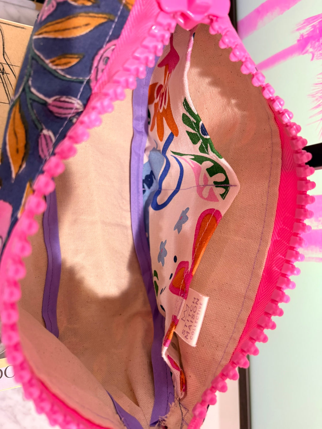 Crossbody - Navy Pomegranate Print and Pink Zipper