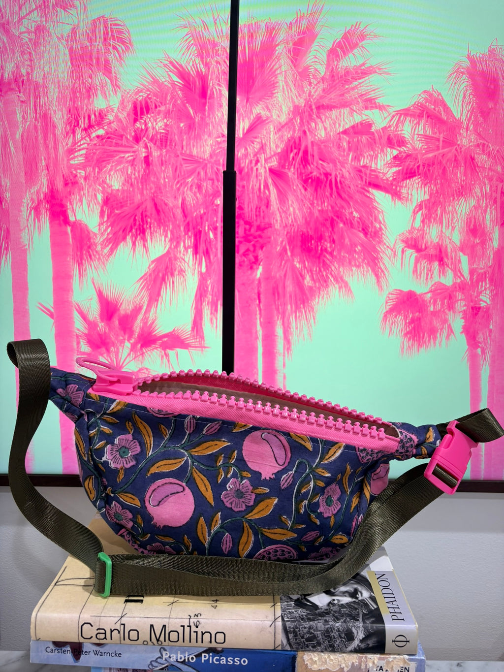 Crossbody - Navy Pomegranate Print and Pink Zipper