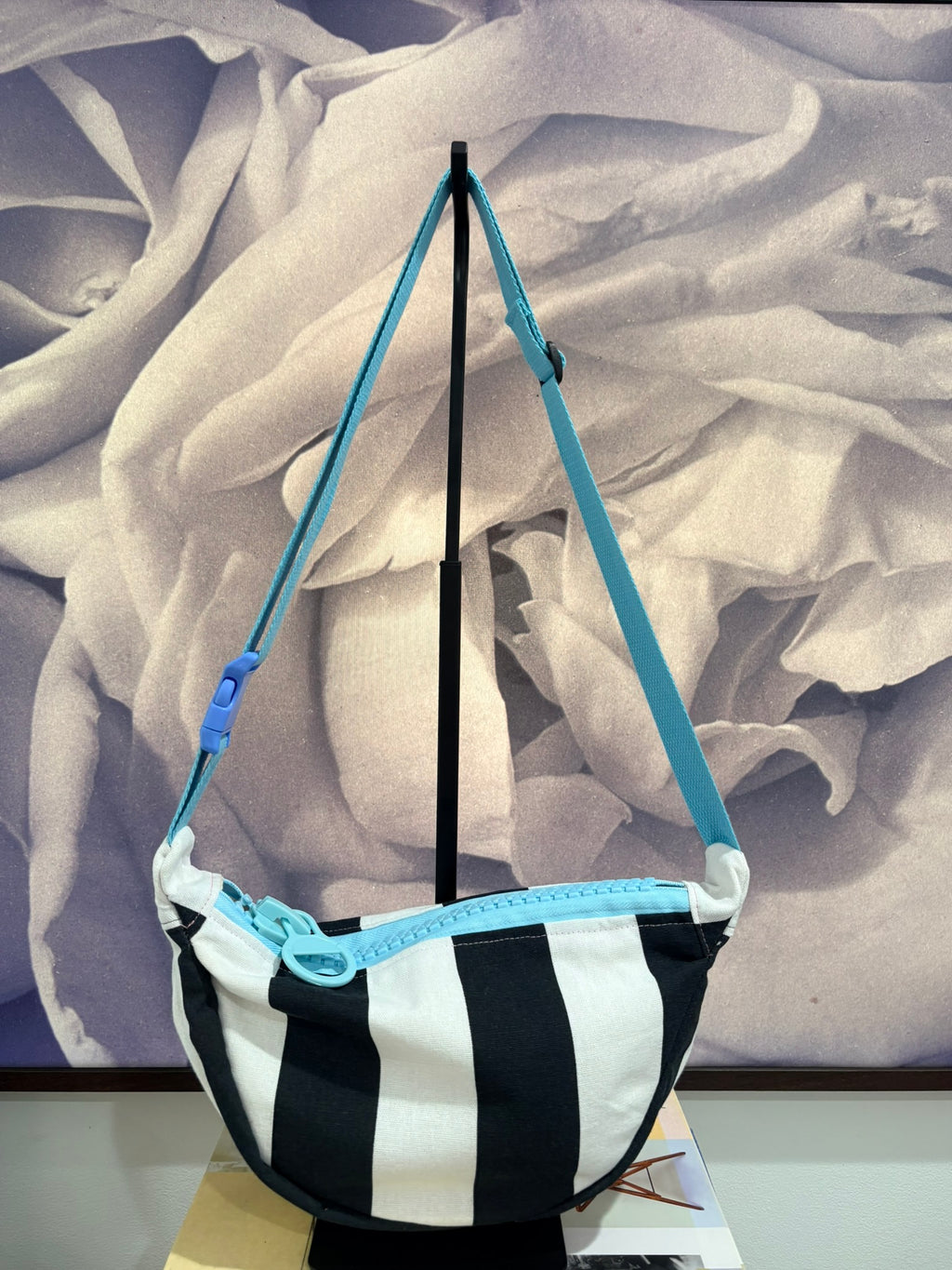 Crossbody - Black & White Stripe and Blue Zipper