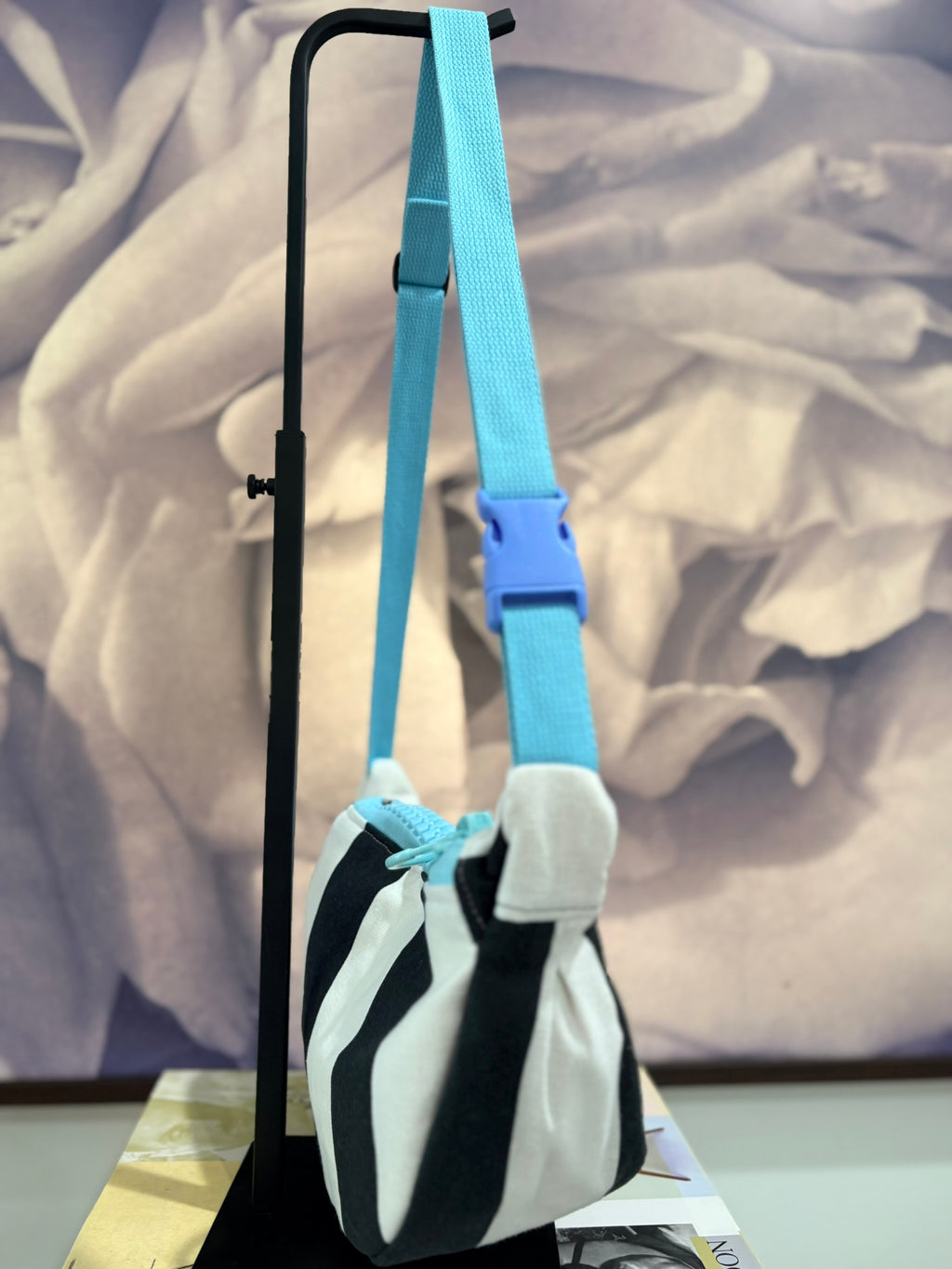 Crossbody - Black & White Stripe and Blue Zipper