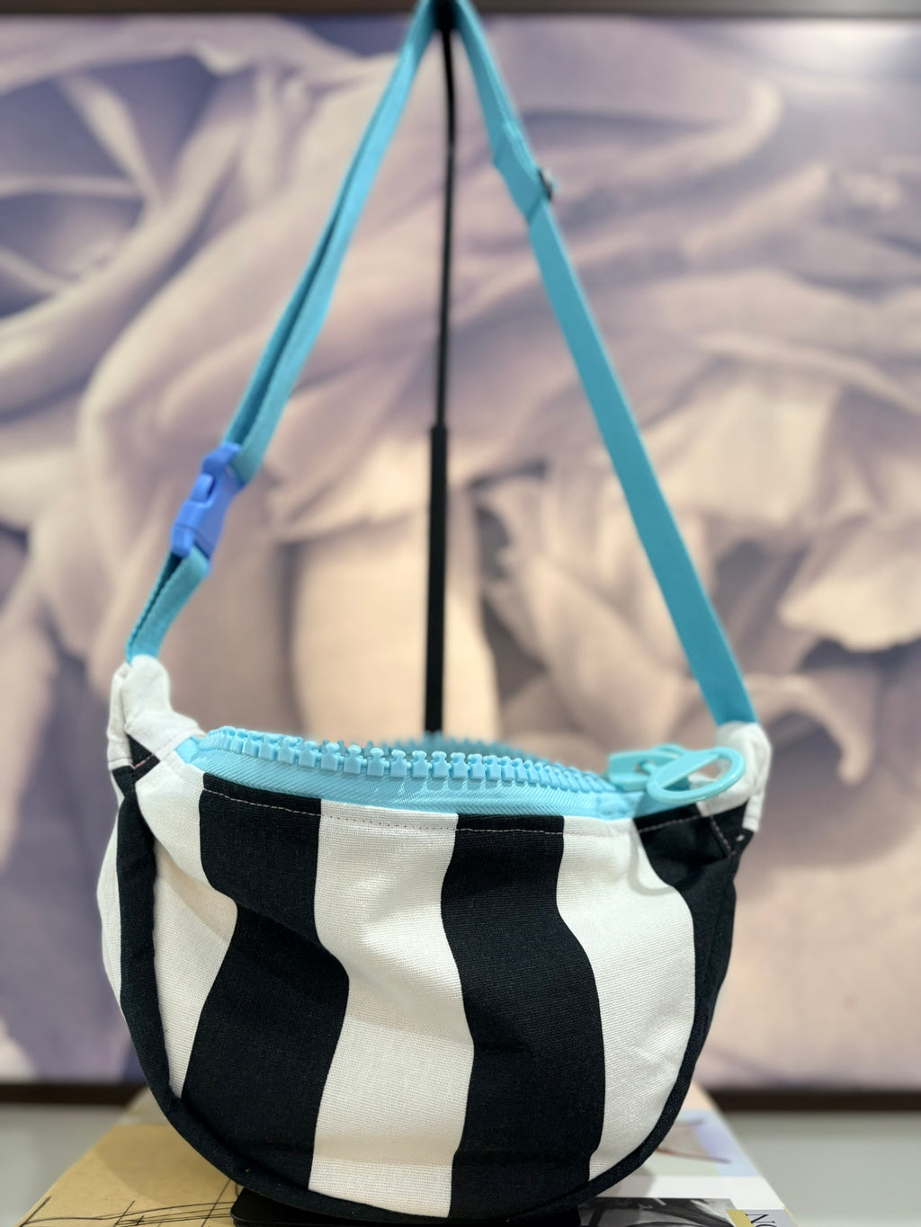 Crossbody - Black & White Stripe and Blue Zipper