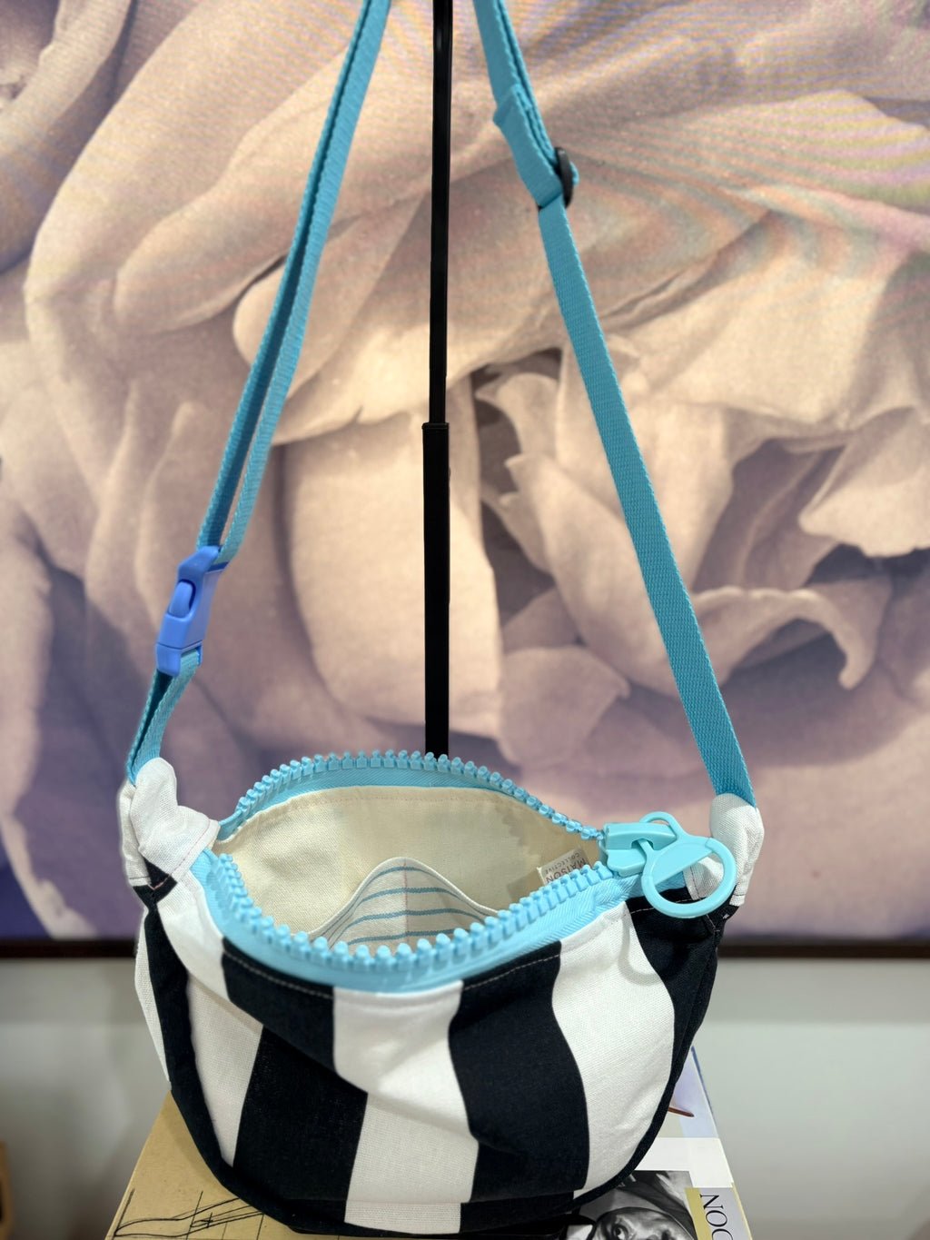 Crossbody - Black & White Stripe and Blue Zipper