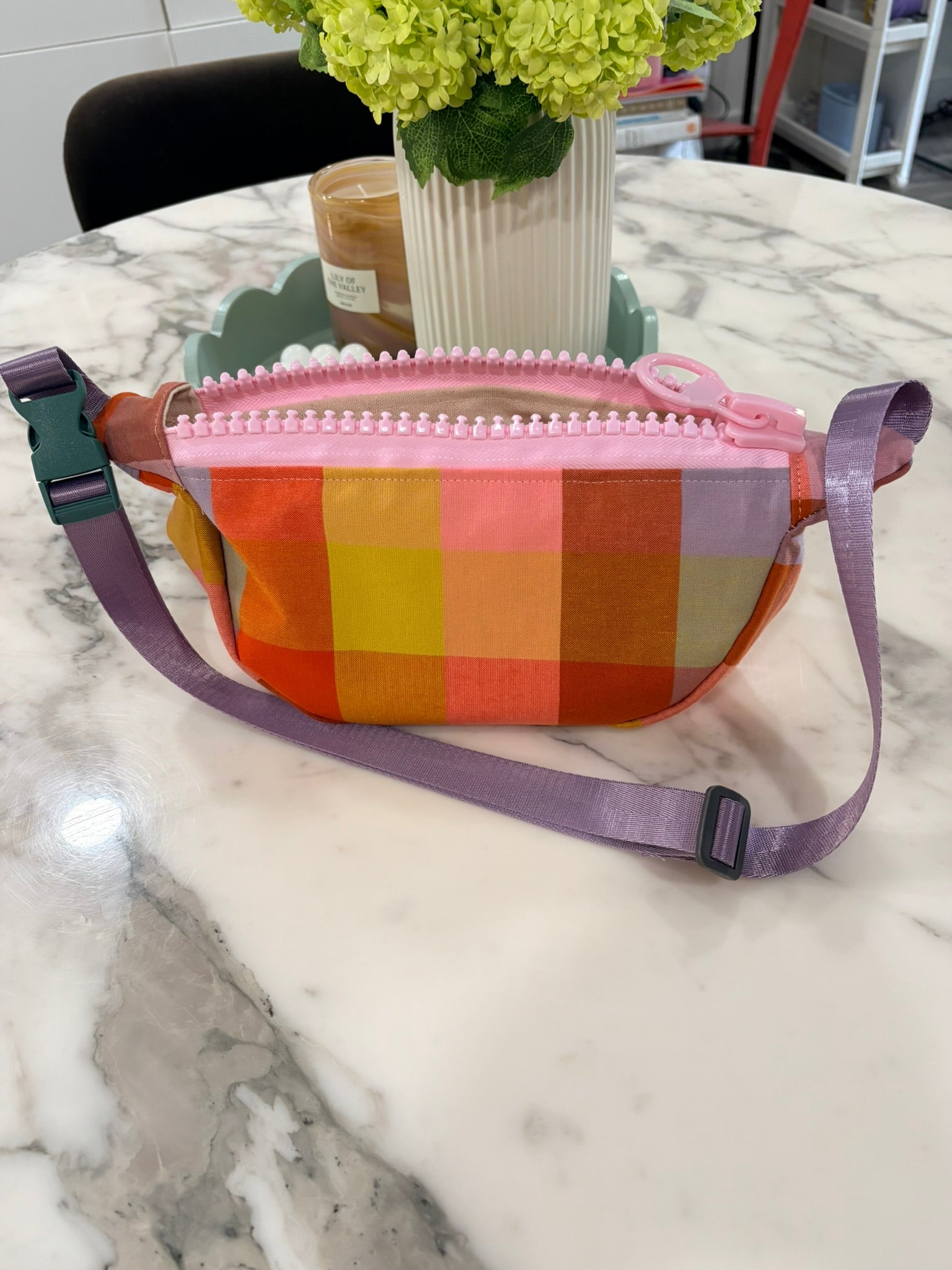 Crossbody - Orange & Pink Plaid and Pink Zipper