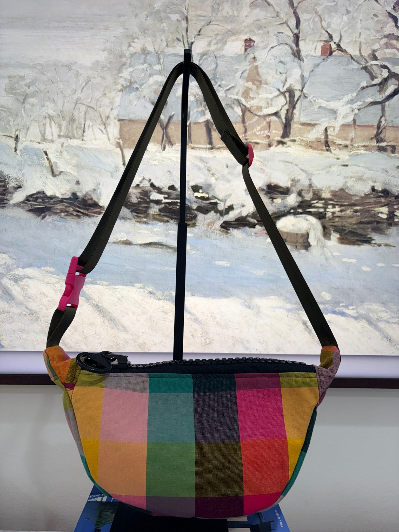 Crossbody - Red & Pink Plaid and Black Zipper