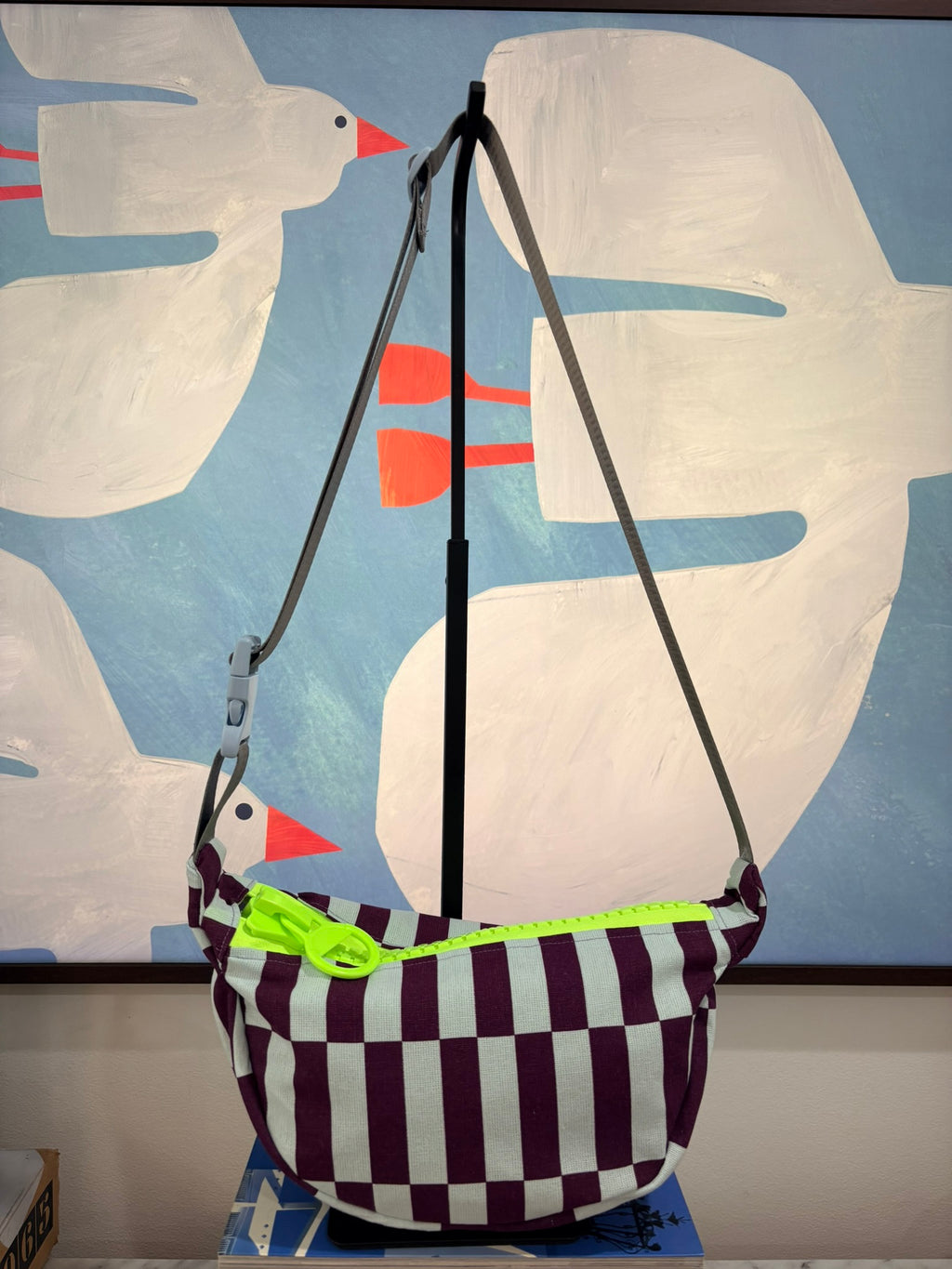 Crossbody - Purple and Baby Blue Offset Stripe Print and Neon Zipper