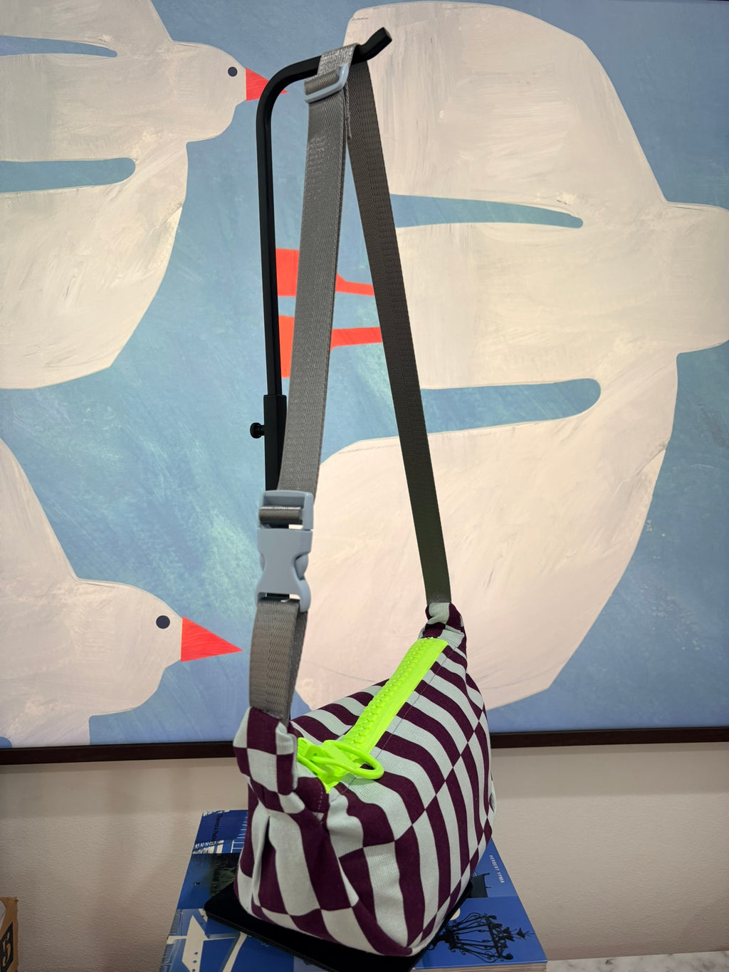 Crossbody - Purple and Baby Blue Offset Stripe Print and Neon Zipper