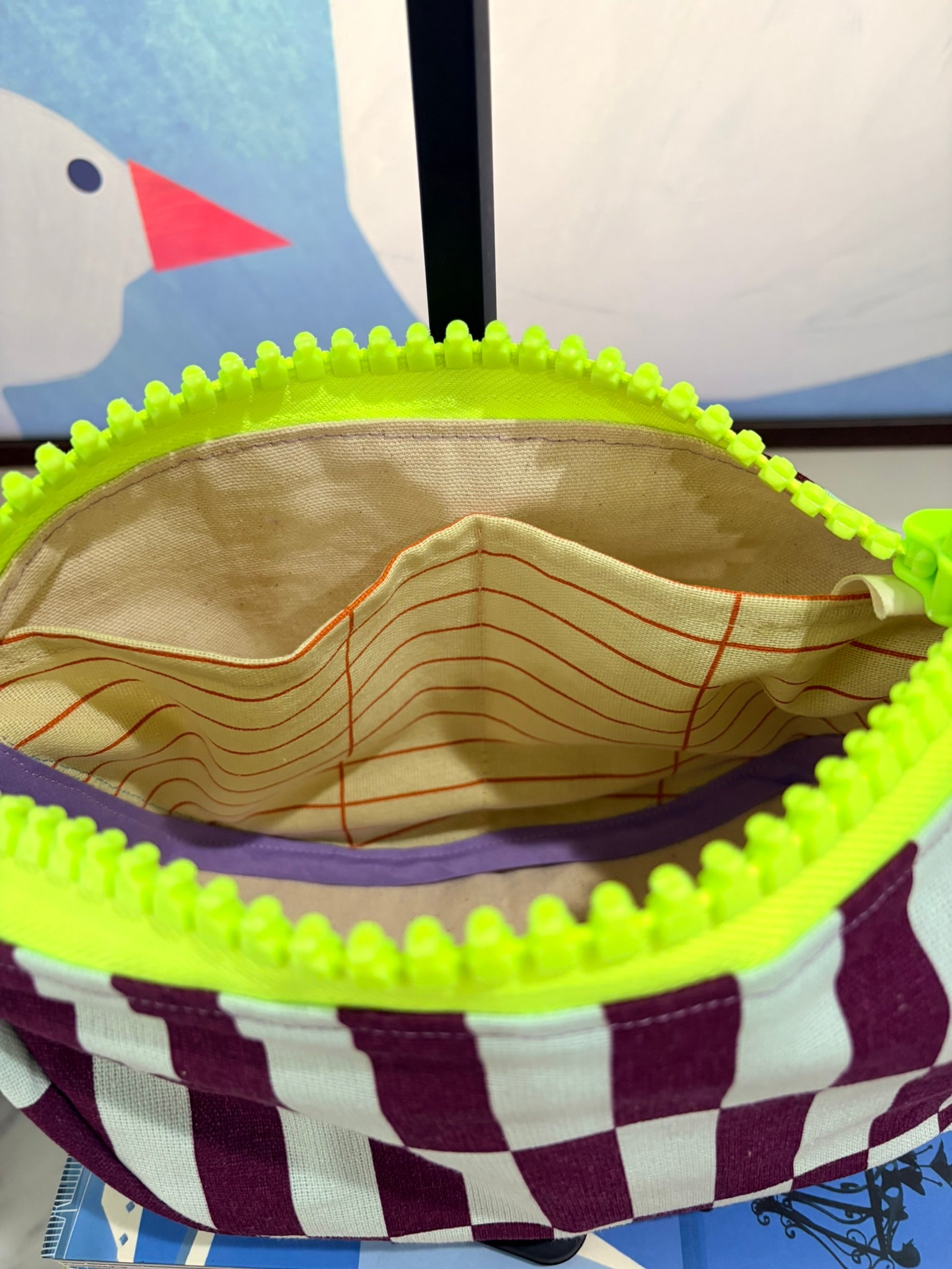Crossbody - Purple and Baby Blue Offset Stripe Print and Neon Zipper