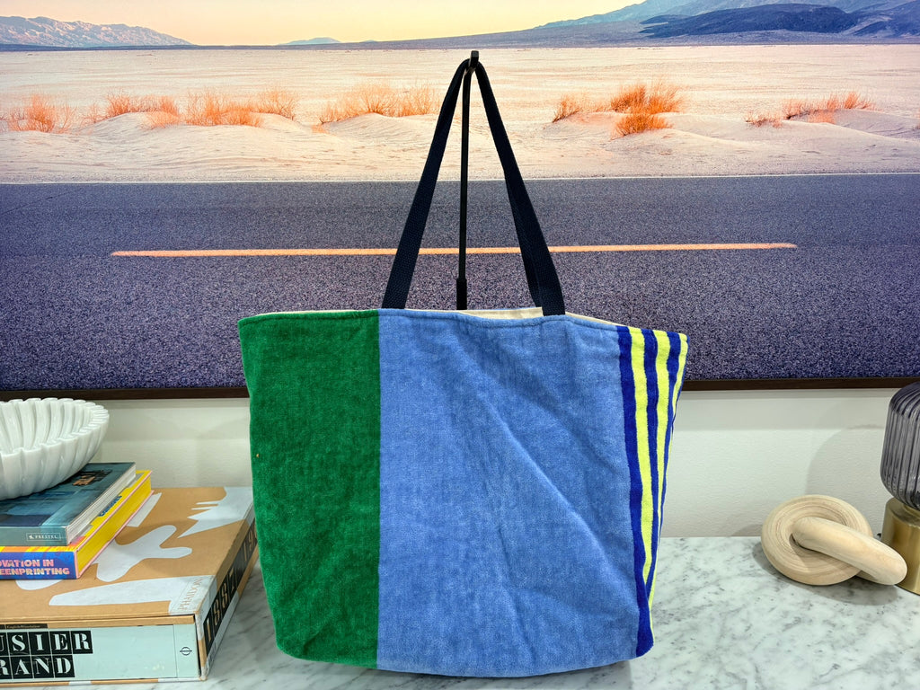 Dark Green & Blue Striped Terry Cloth Beach Tote