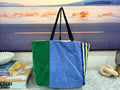 Dark Green & Blue Striped Terry Cloth Beach Tote