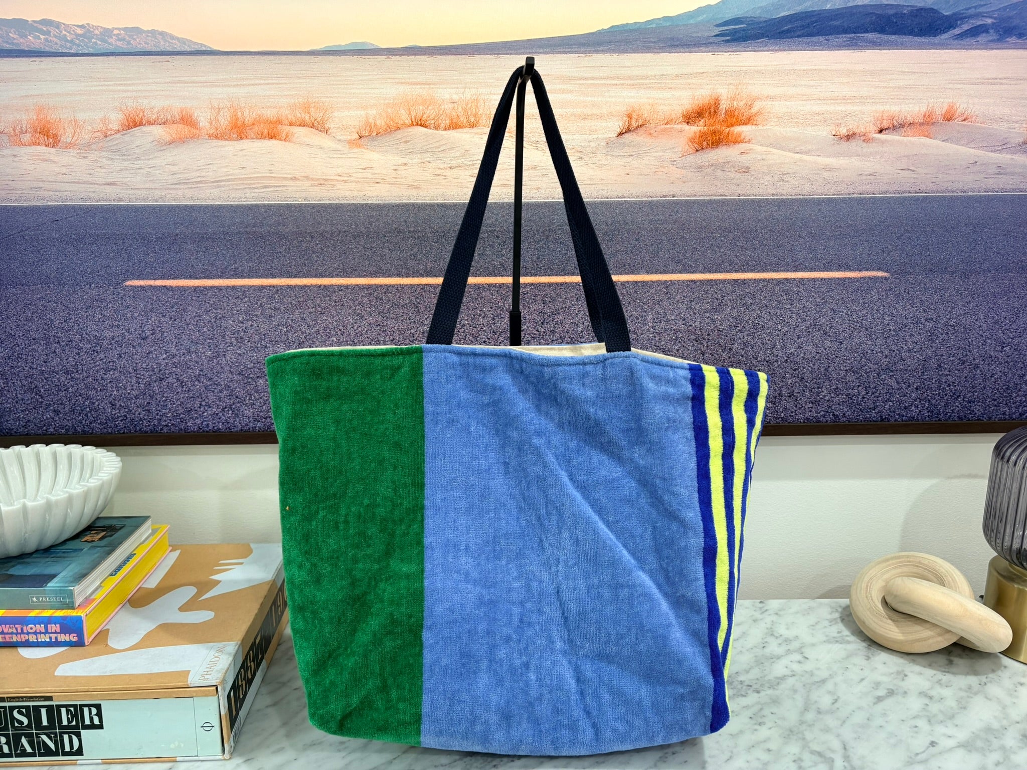 Dark Green & Blue Striped Terry Cloth Beach Tote