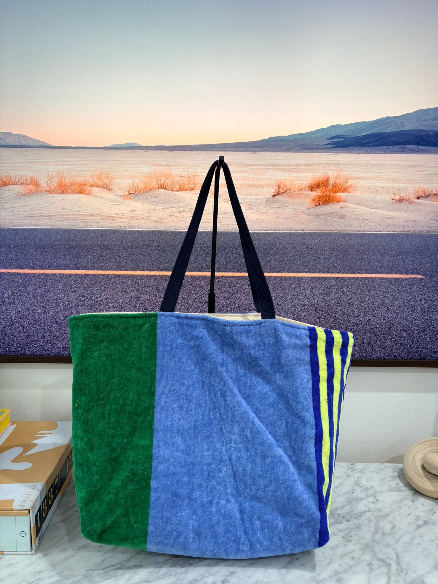 Dark Green & Blue Striped Terry Cloth Beach Tote