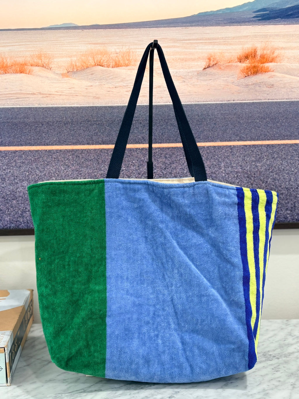 Dark Green & Blue Striped Terry Cloth Beach Tote