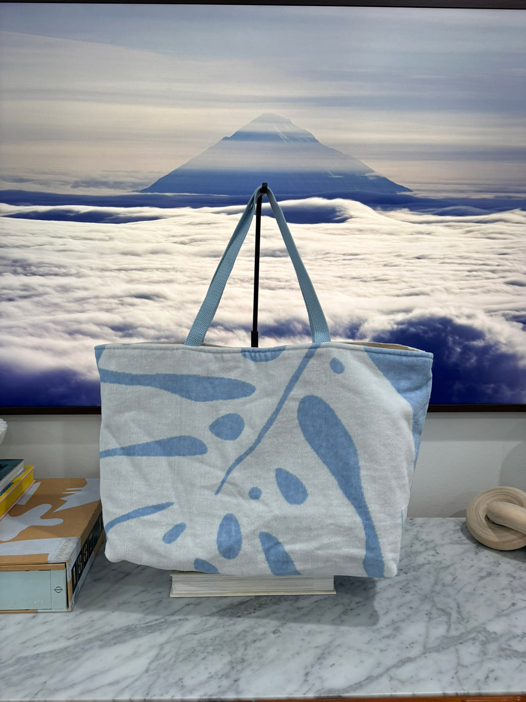 Light Blue & White (Palm Print) Terry Cloth Beach Tote