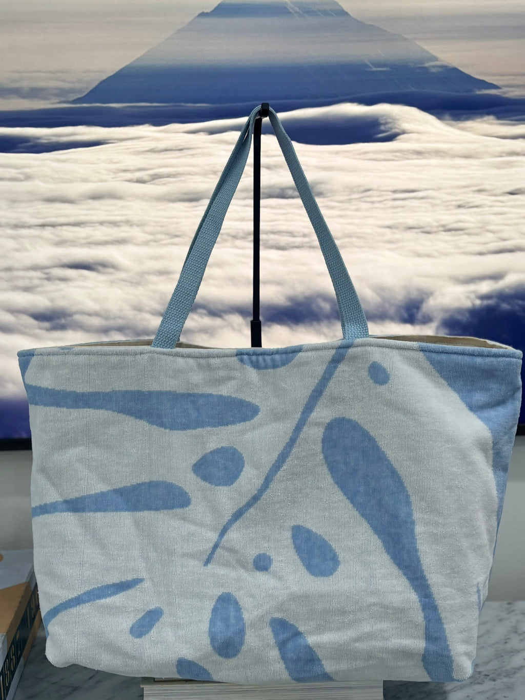 Light Blue & White (Palm Print) Terry Cloth Beach Tote