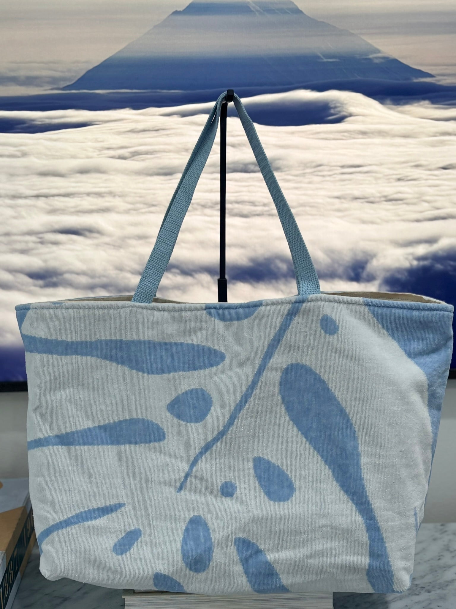 Light Blue & White (Palm Print) Terry Cloth Beach Tote