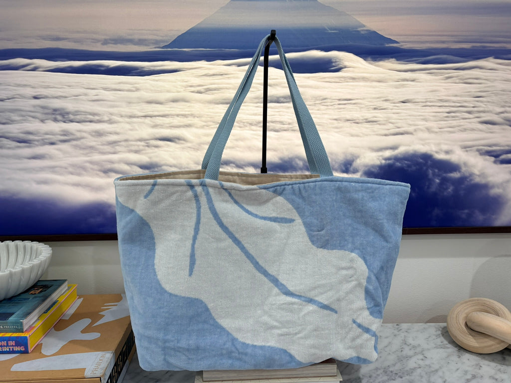 Light Blue & White (Palm Print) Terry Cloth Beach Tote