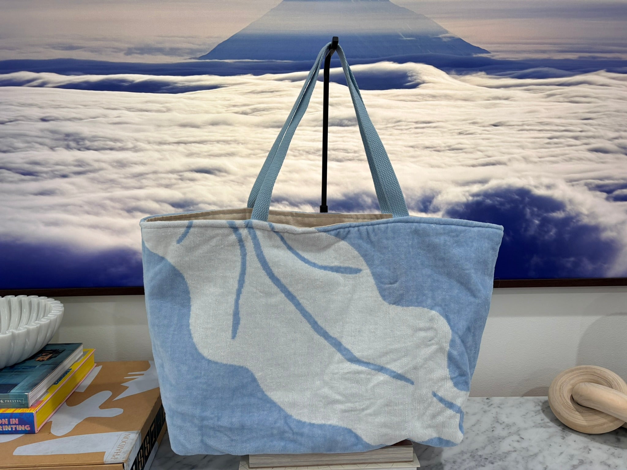 Light Blue & White (Palm Print) Terry Cloth Beach Tote