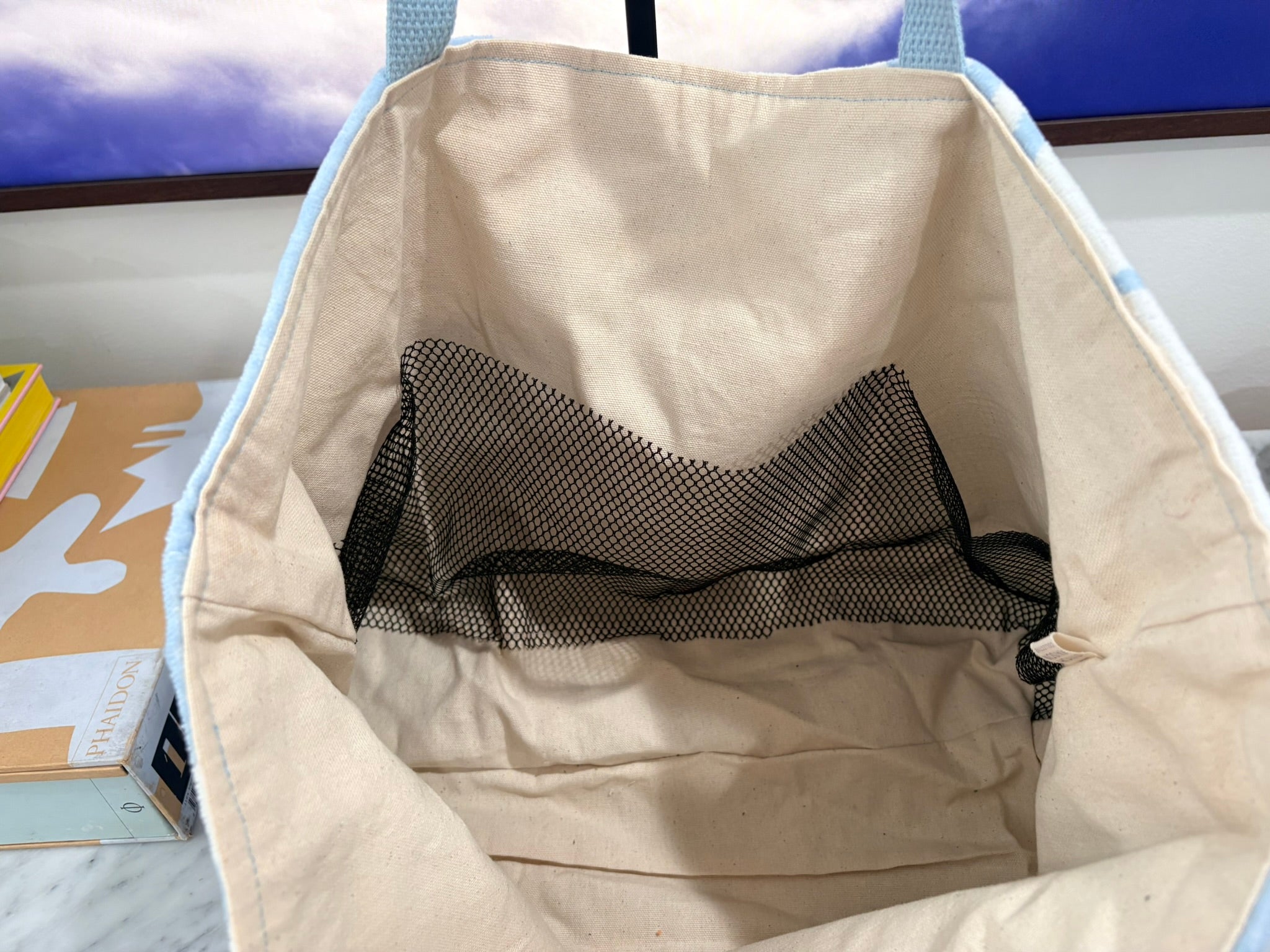 Light Blue & White (Palm Print) Terry Cloth Beach Tote